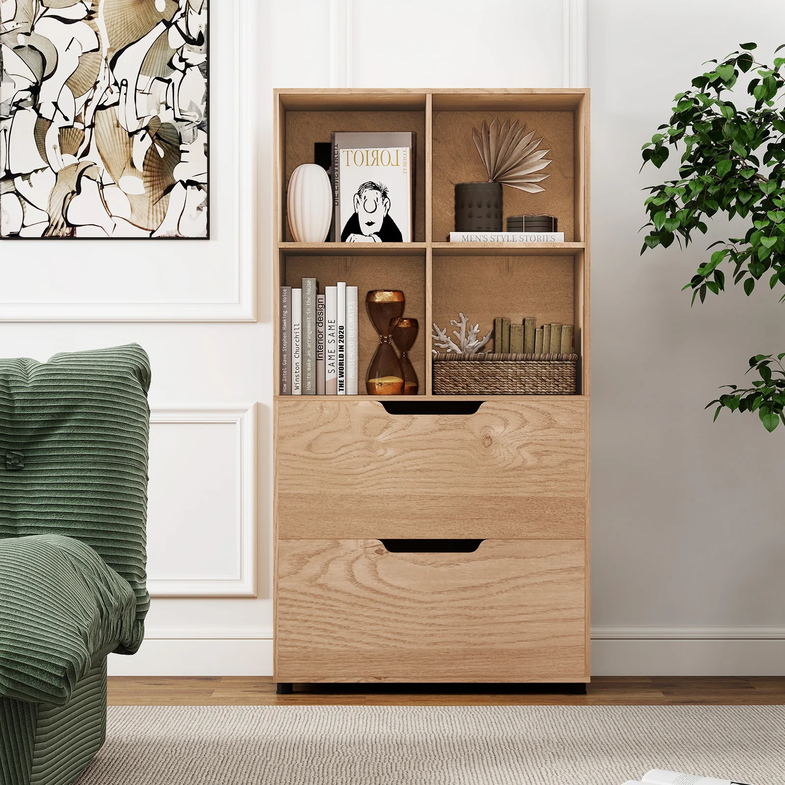 4-Cube Bookcase with 2 Drawers 51 inch 5-Tier Tall Freestanding Bookshelf, Natural - Image 3