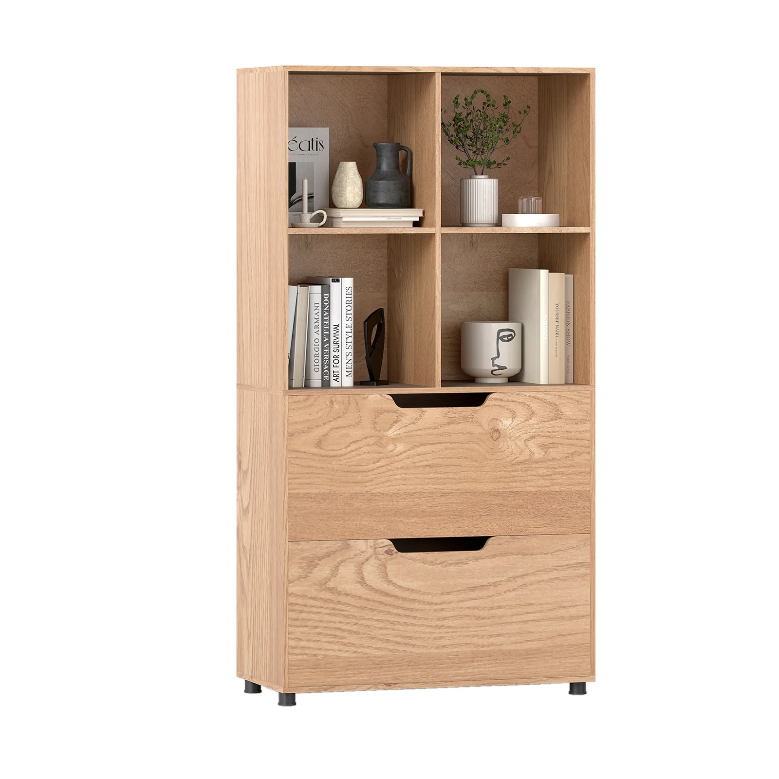 4-Cube Bookcase with 2 Drawers 51 inch 5-Tier Tall Freestanding Bookshelf, Natural - Image 4