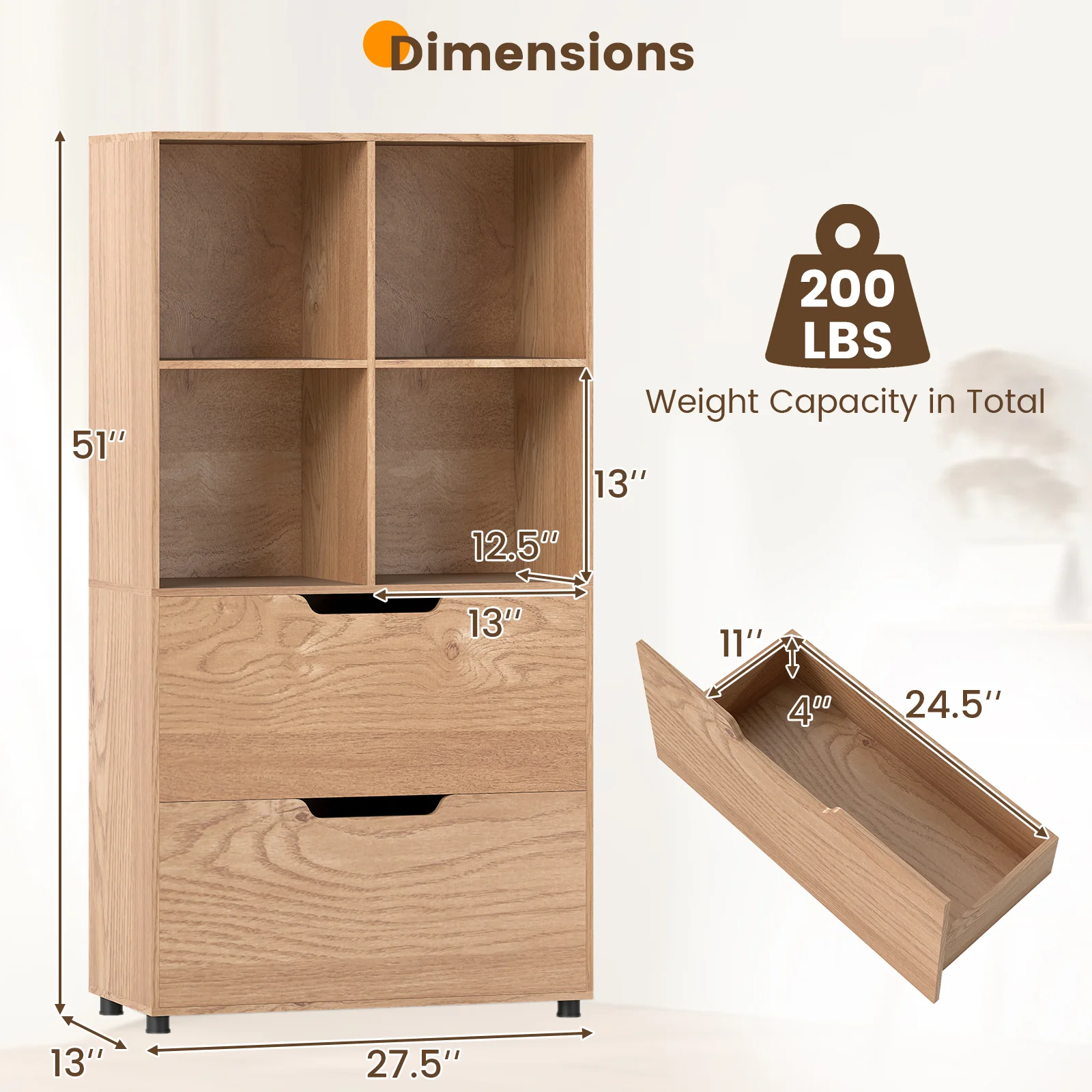 4-Cube Bookcase with 2 Drawers 51 inch 5-Tier Tall Freestanding Bookshelf, Natural - Image 6