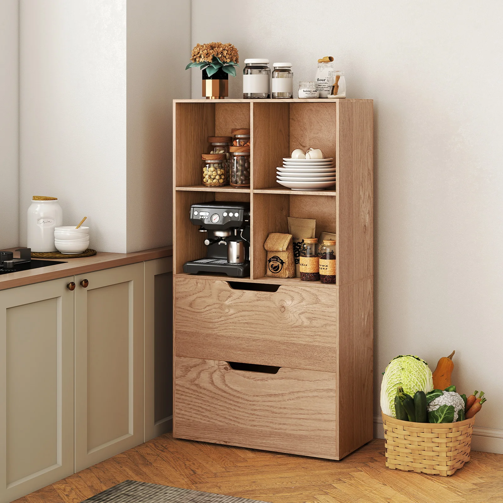 4-Cube Bookcase with 2 Drawers 51 inch 5-Tier Tall Freestanding Bookshelf, Natural - Image 7
