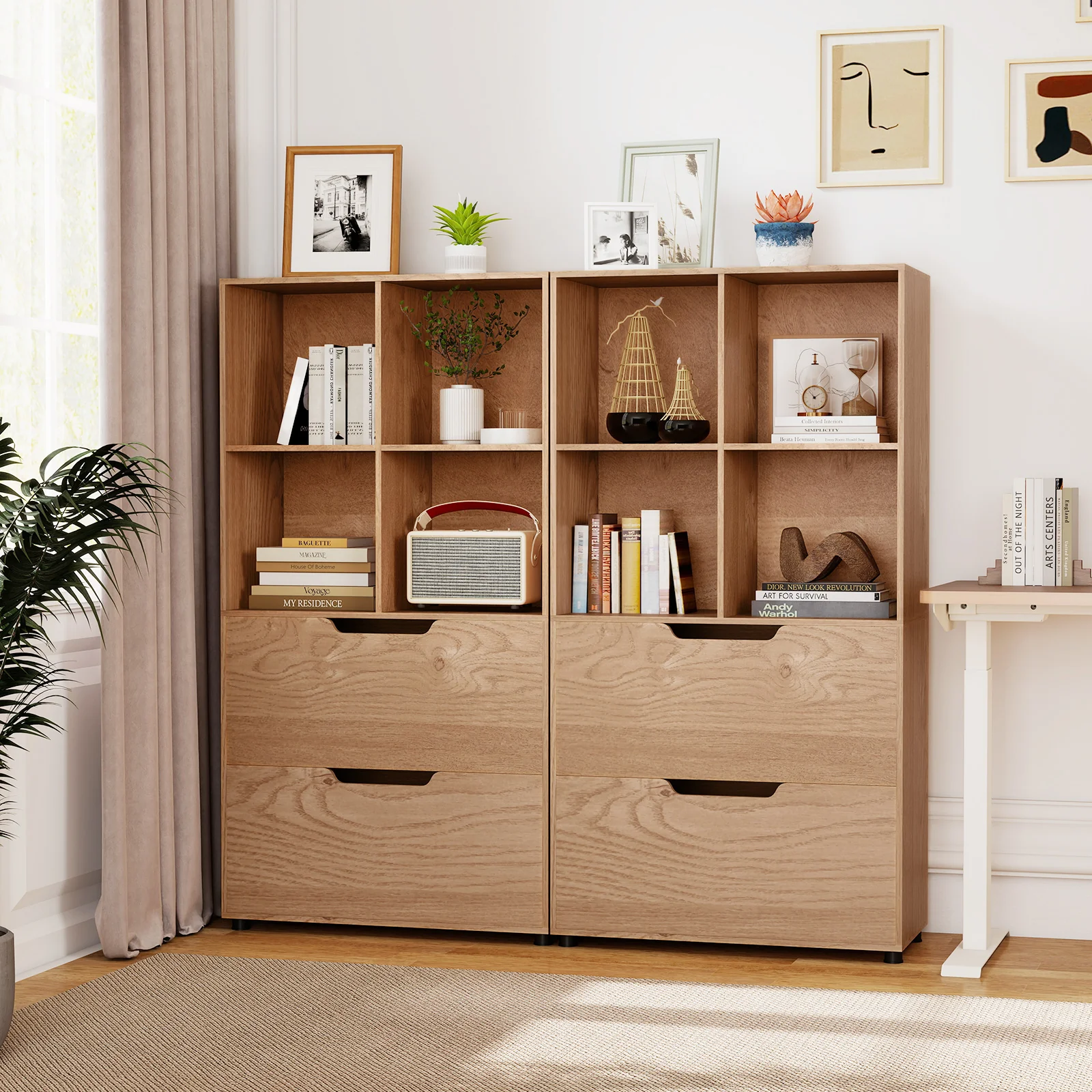 4-Cube Bookcase with 2 Drawers 51 inch 5-Tier Tall Freestanding Bookshelf, Natural - Image 8