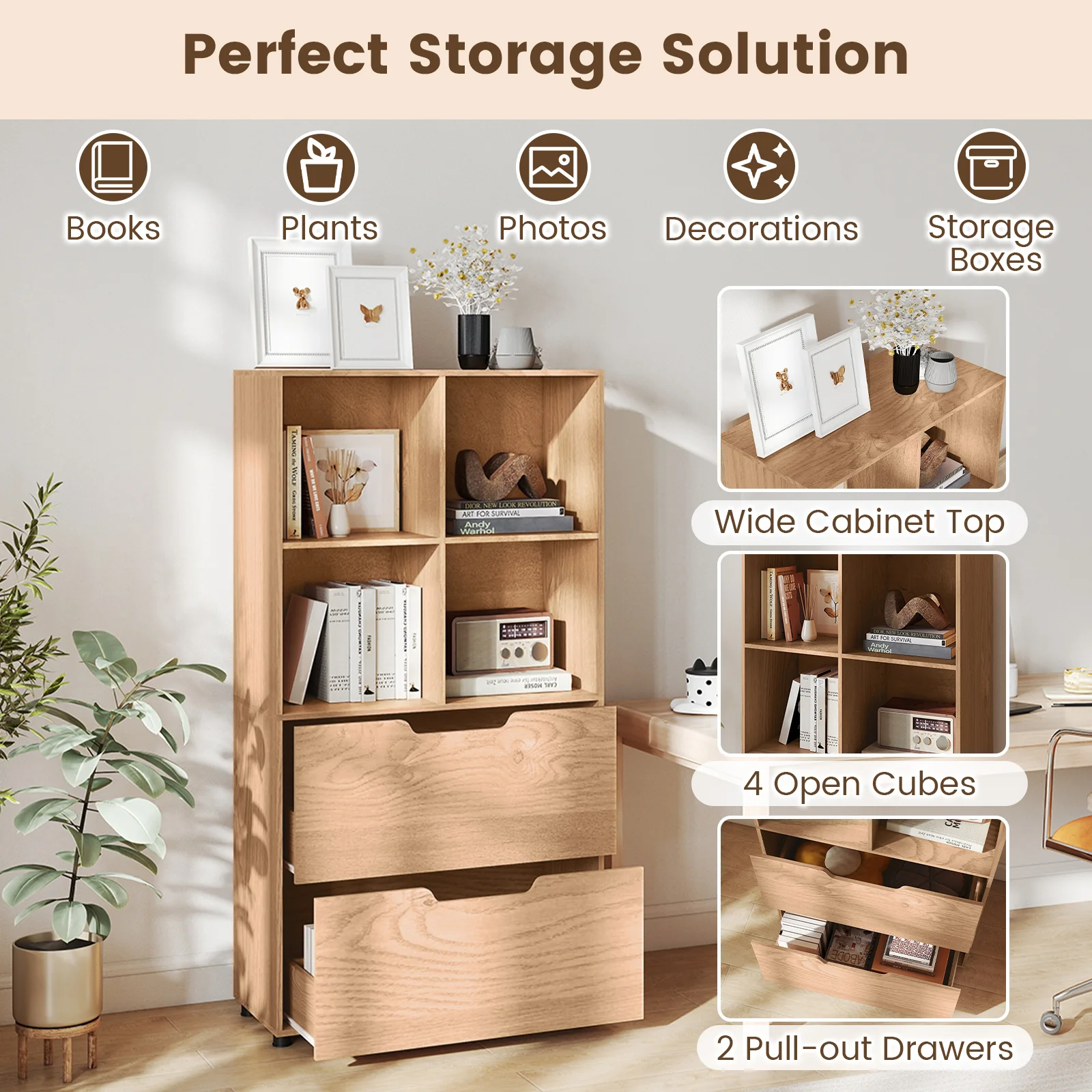 4-Cube Bookcase with 2 Drawers 51 inch 5-Tier Tall Freestanding Bookshelf, Natural - Image 9