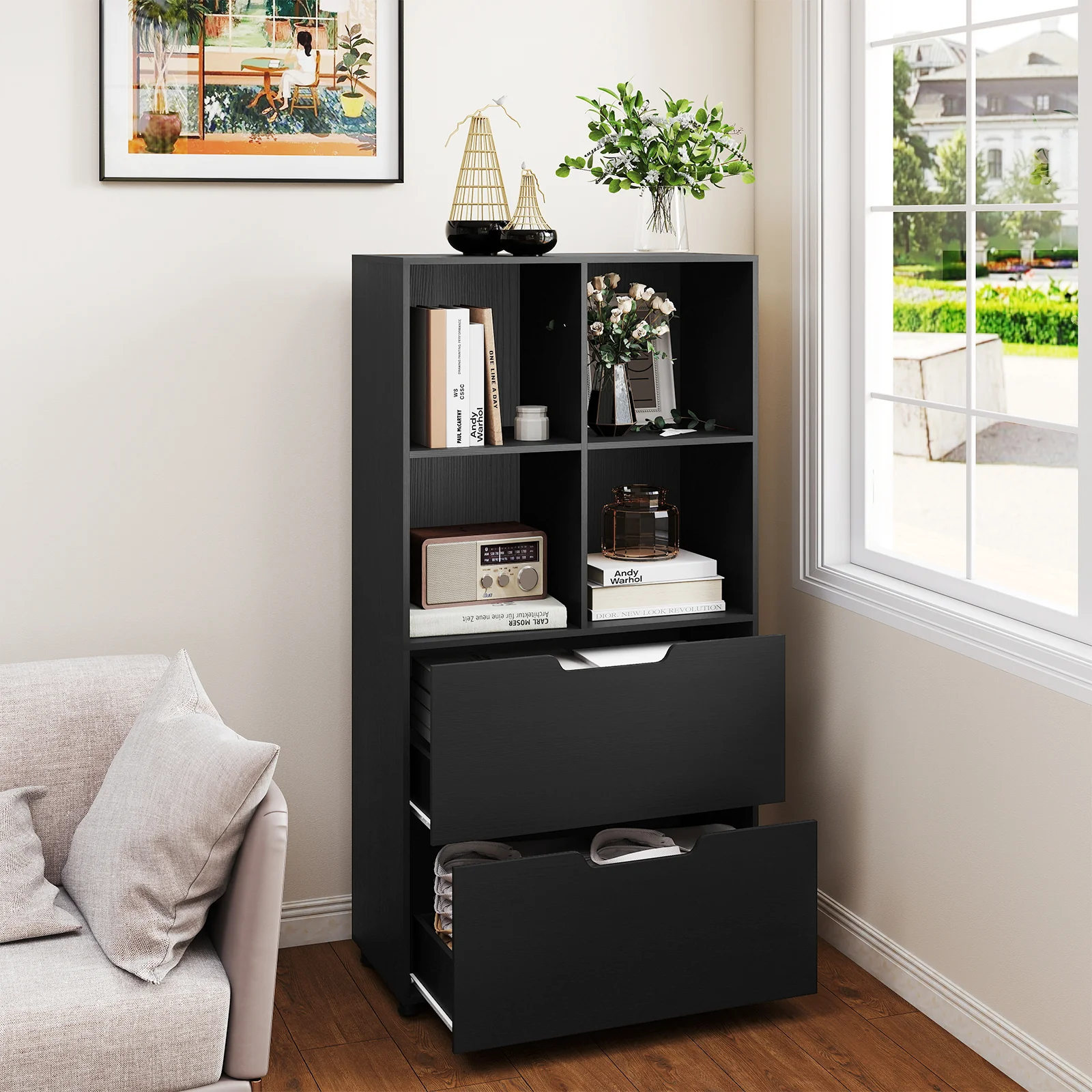 4-Cube Bookcase With 2 Drawers, 51 Inch, Black - Image 2