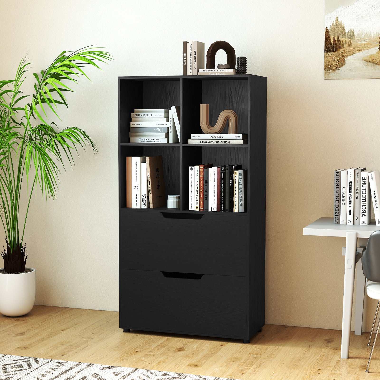 4-Cube Bookcase With 2 Drawers, 51 Inch, Black - Image 3
