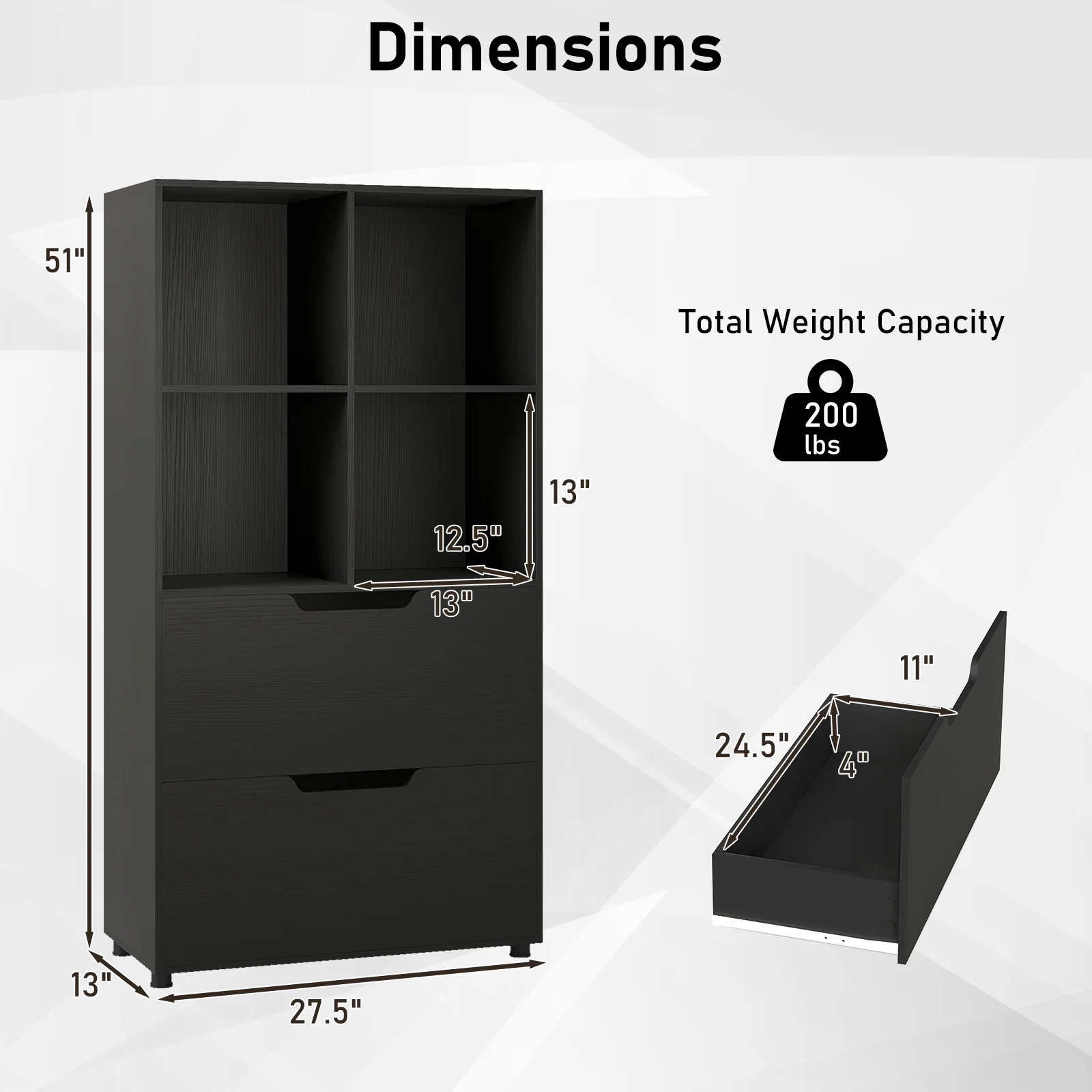 4-Cube Bookcase With 2 Drawers, 51 Inch, Black - Image 6