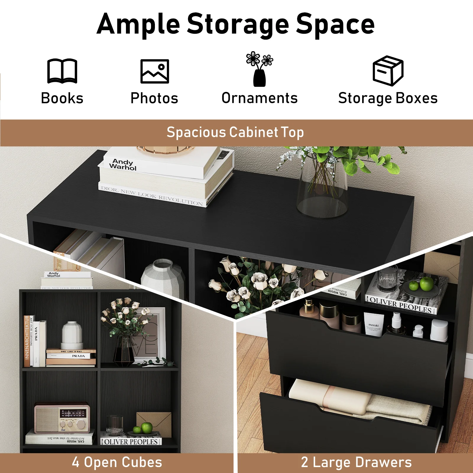 4-Cube Bookcase With 2 Drawers, 51 Inch, Black - Image 8