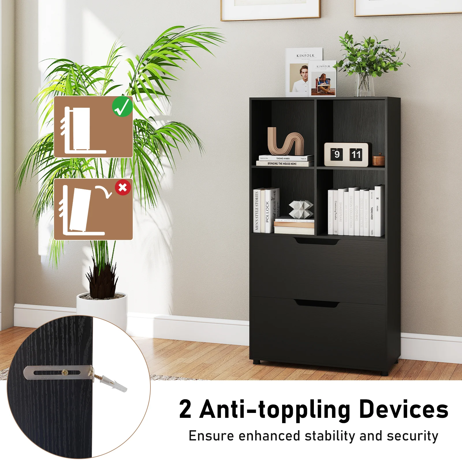 4-Cube Bookcase With 2 Drawers, 51 Inch, Black - Image 9