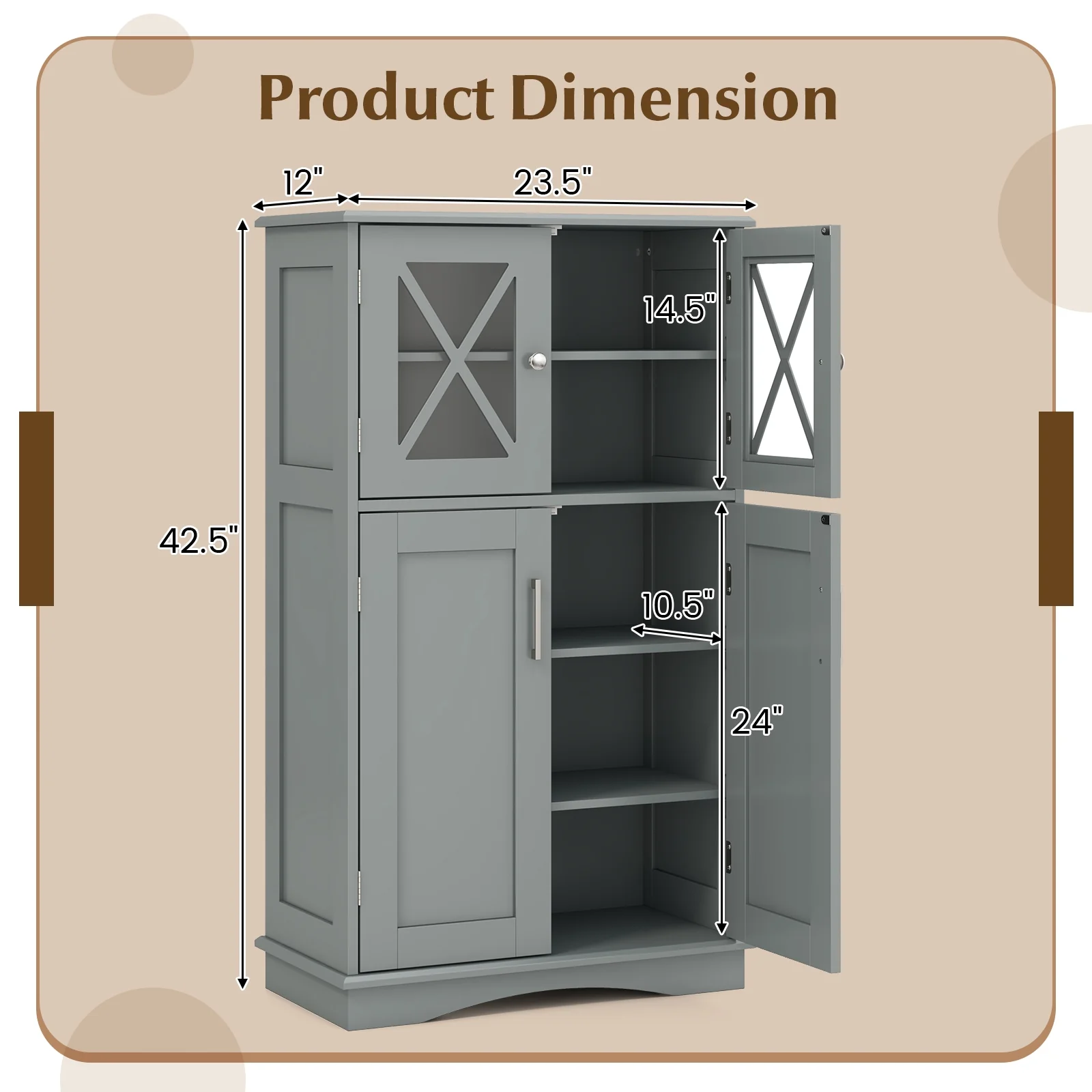 4 Door Freeestanding Bathroom Cabinet, Adjustable Shelves, Gray - Image 5