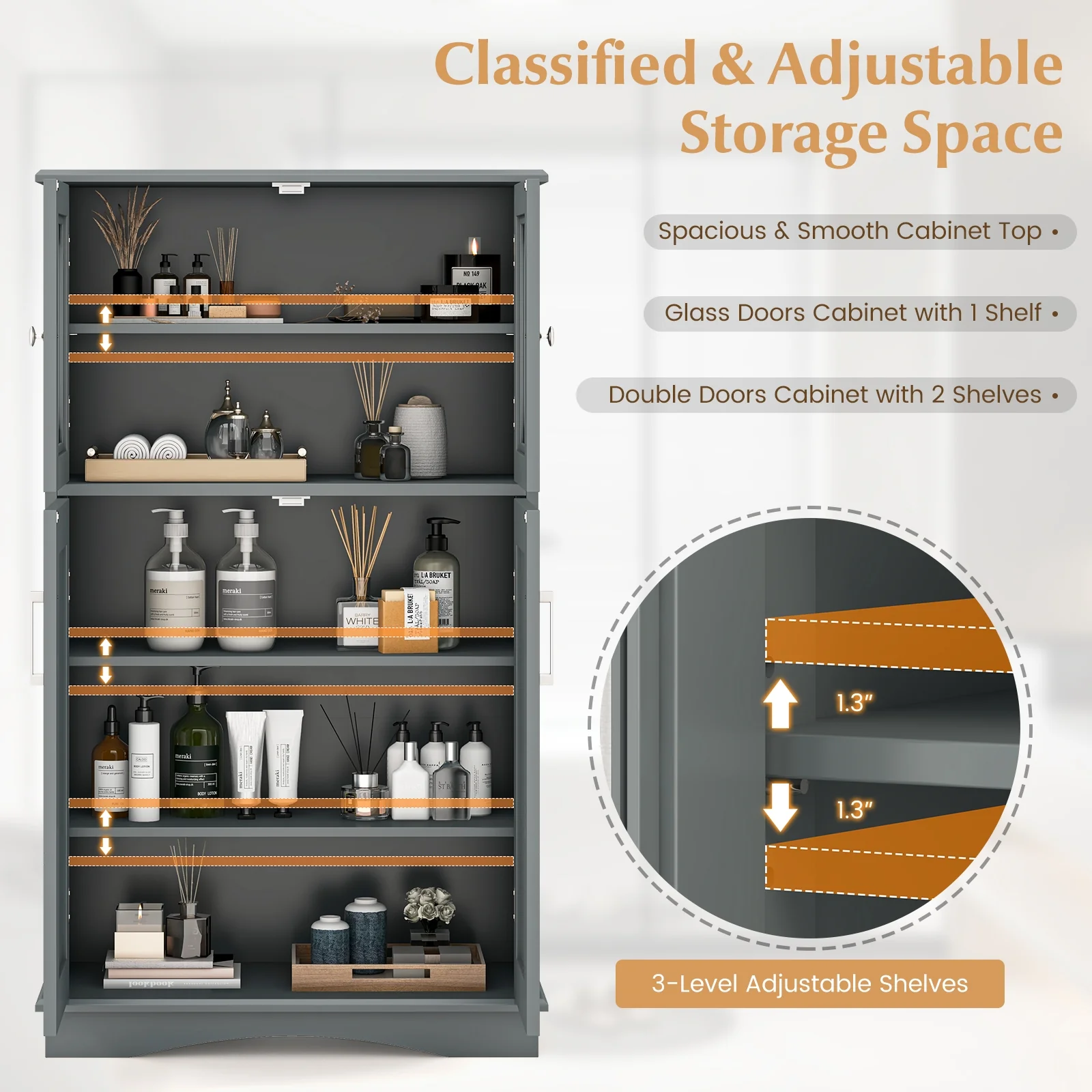 4 Door Freeestanding Bathroom Cabinet, Adjustable Shelves, Gray - Image 6