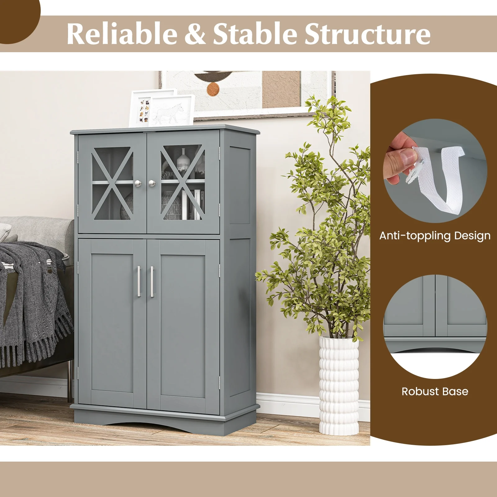 4 Door Freeestanding Bathroom Cabinet, Adjustable Shelves, Gray - Image 7