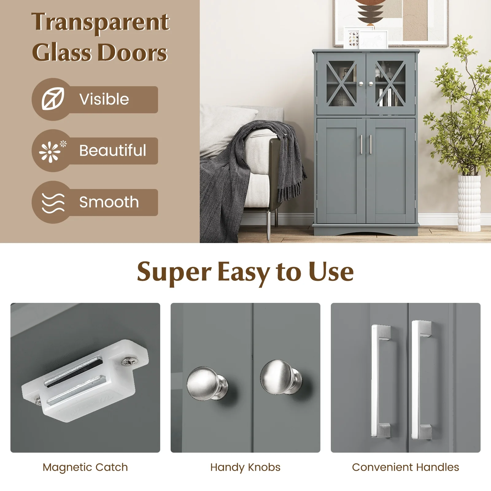 4 Door Freeestanding Bathroom Cabinet, Adjustable Shelves, Gray - Image 8