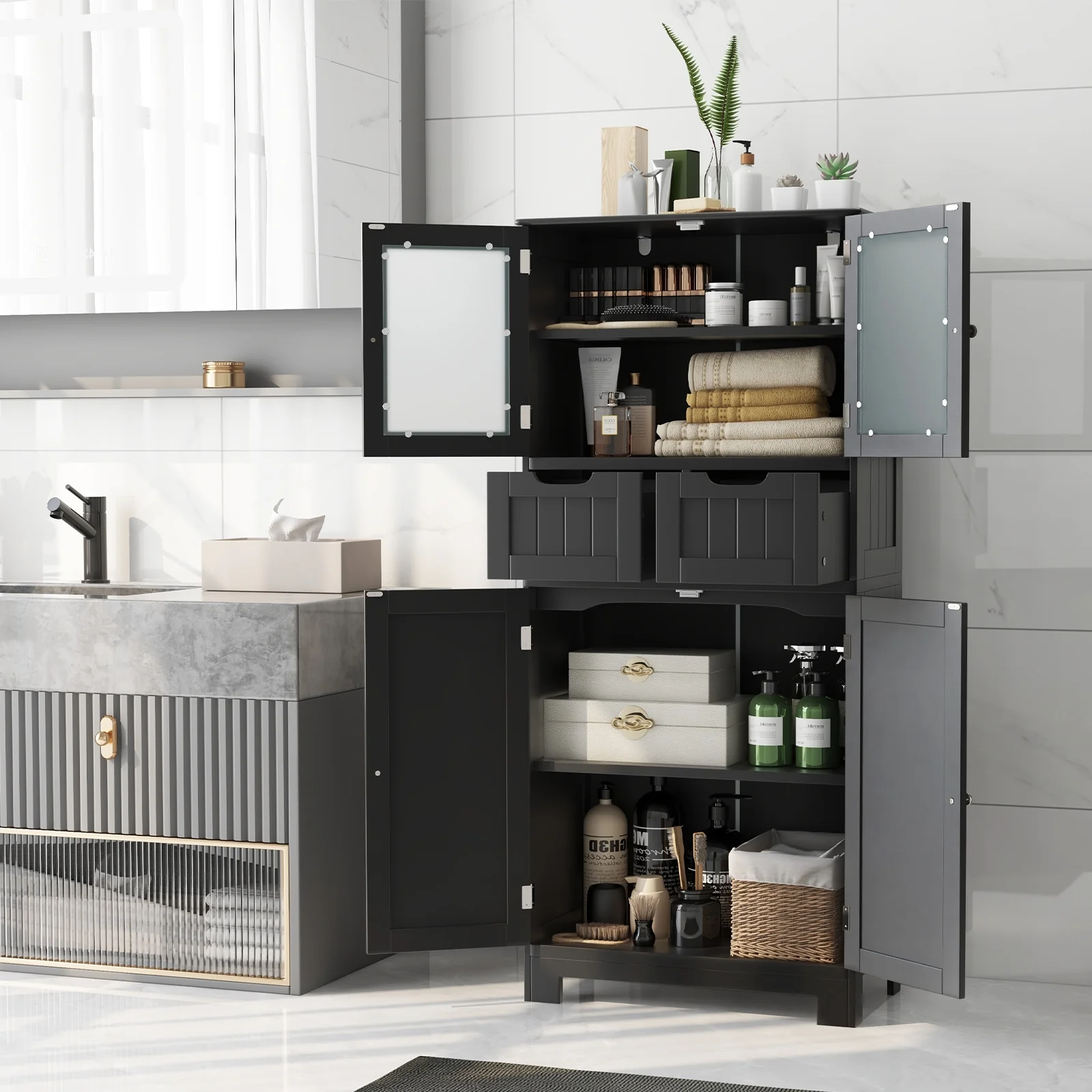 4 Door Freestanding Bathroom Cabinet, 2 Drawers, Glass Doors, Black - Image 3