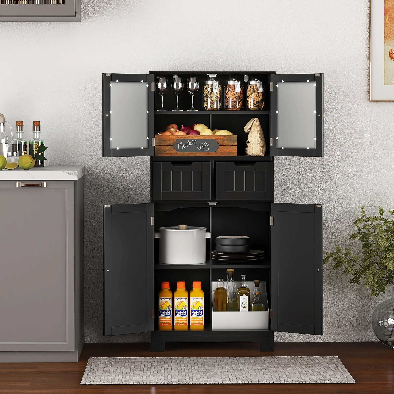 4 Door Freestanding Bathroom Cabinet, 2 Drawers, Glass Doors, Black - Image 6