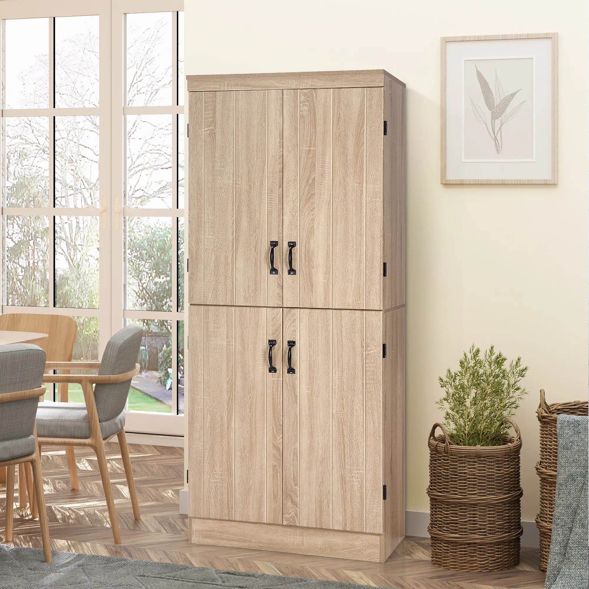 4-Door Storage Cabinet, Freestanding Pantry, Adjustable Shelves, 70", Natural - Image 2