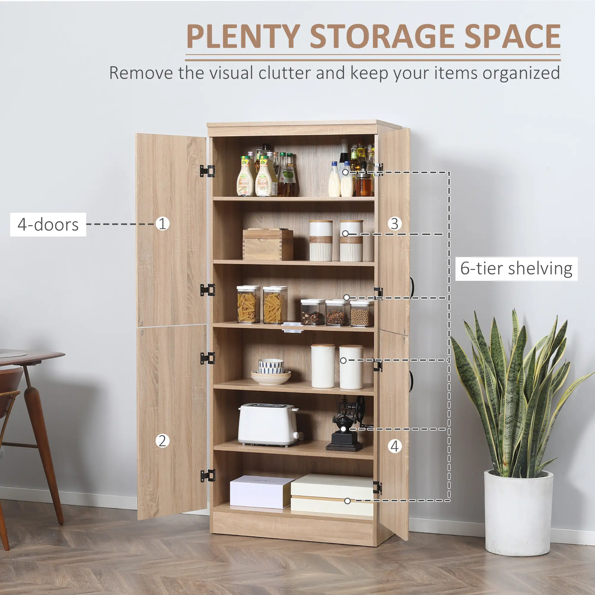 4-Door Storage Cabinet, Freestanding Pantry, Adjustable Shelves, 70", Natural - Image 4
