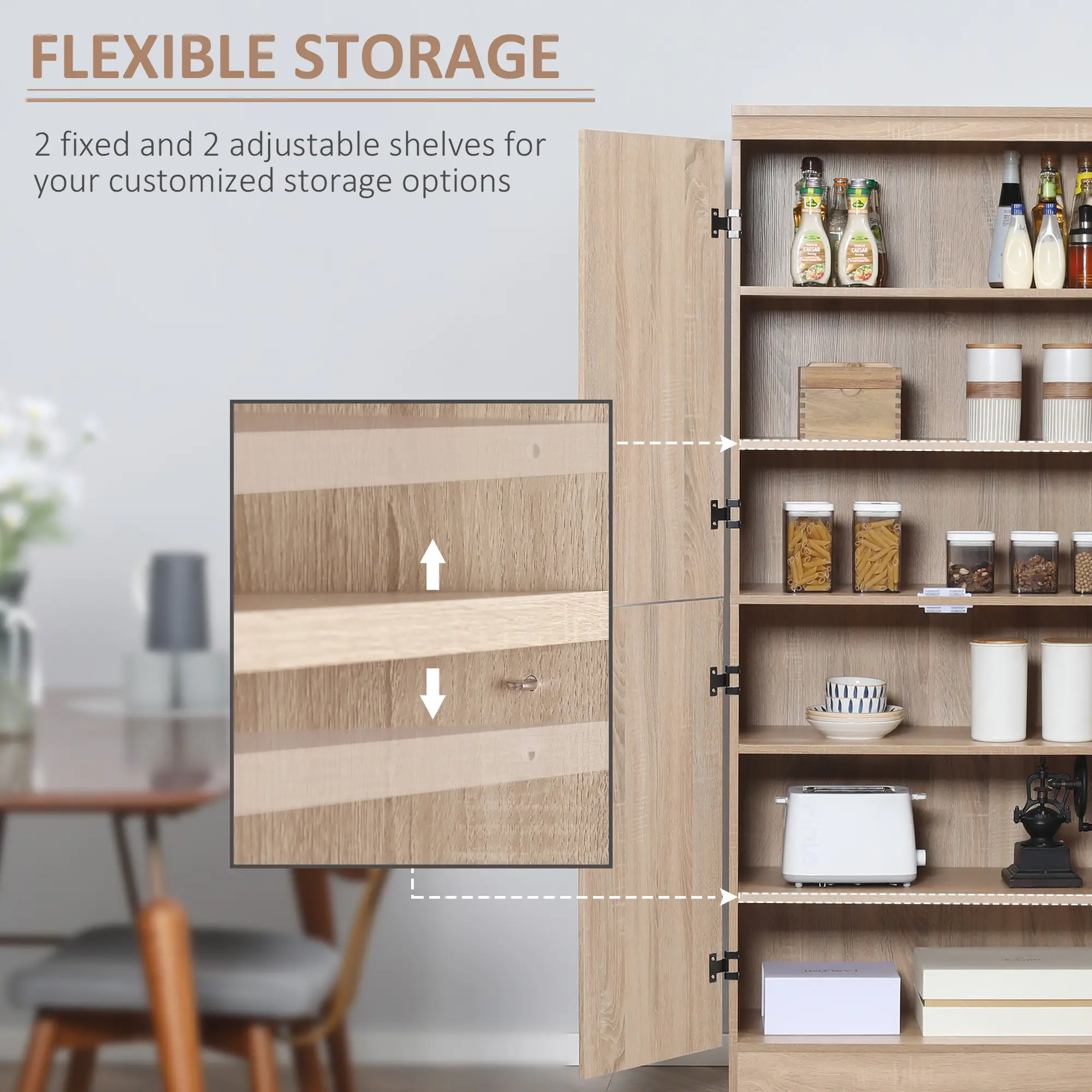 4-Door Storage Cabinet, Freestanding Pantry, Adjustable Shelves, 70", Natural - Image 5