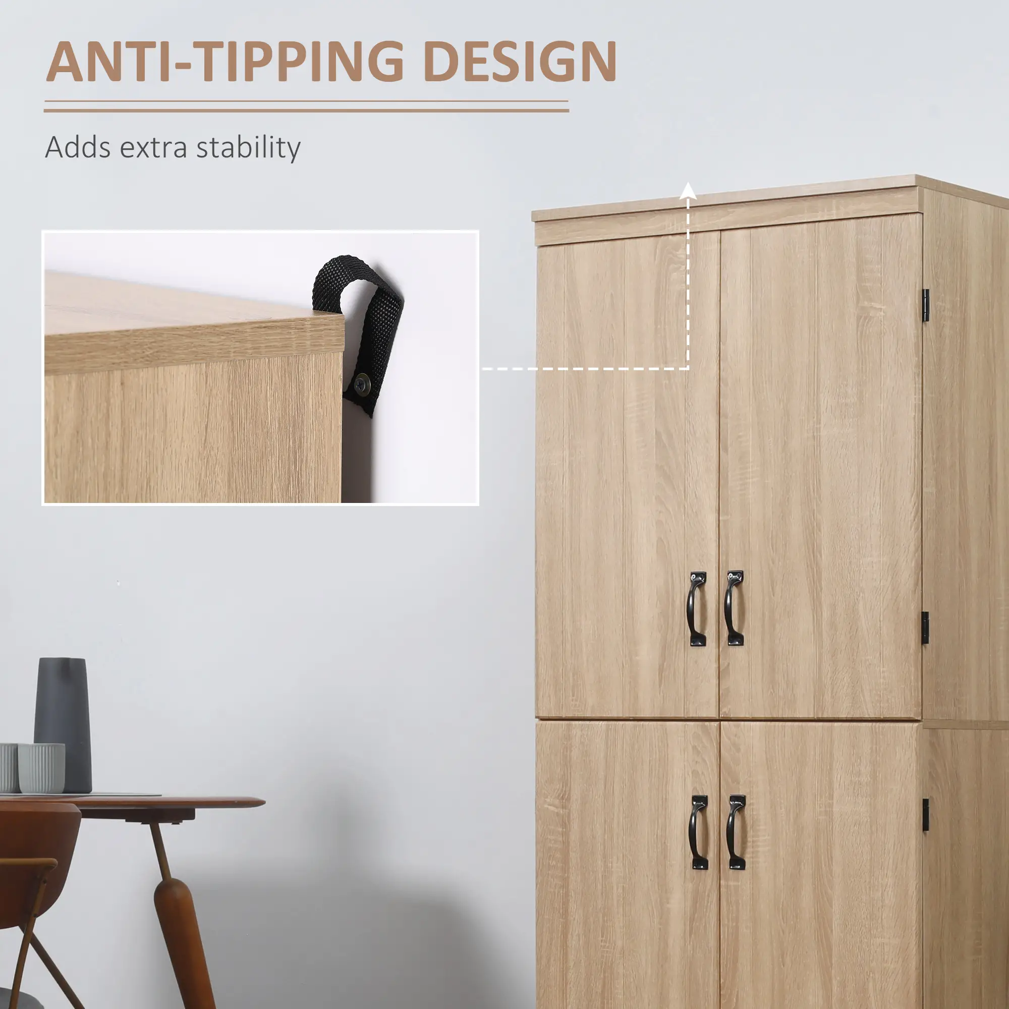 4-Door Storage Cabinet, Freestanding Pantry, Adjustable Shelves, 70", Natural - Image 6