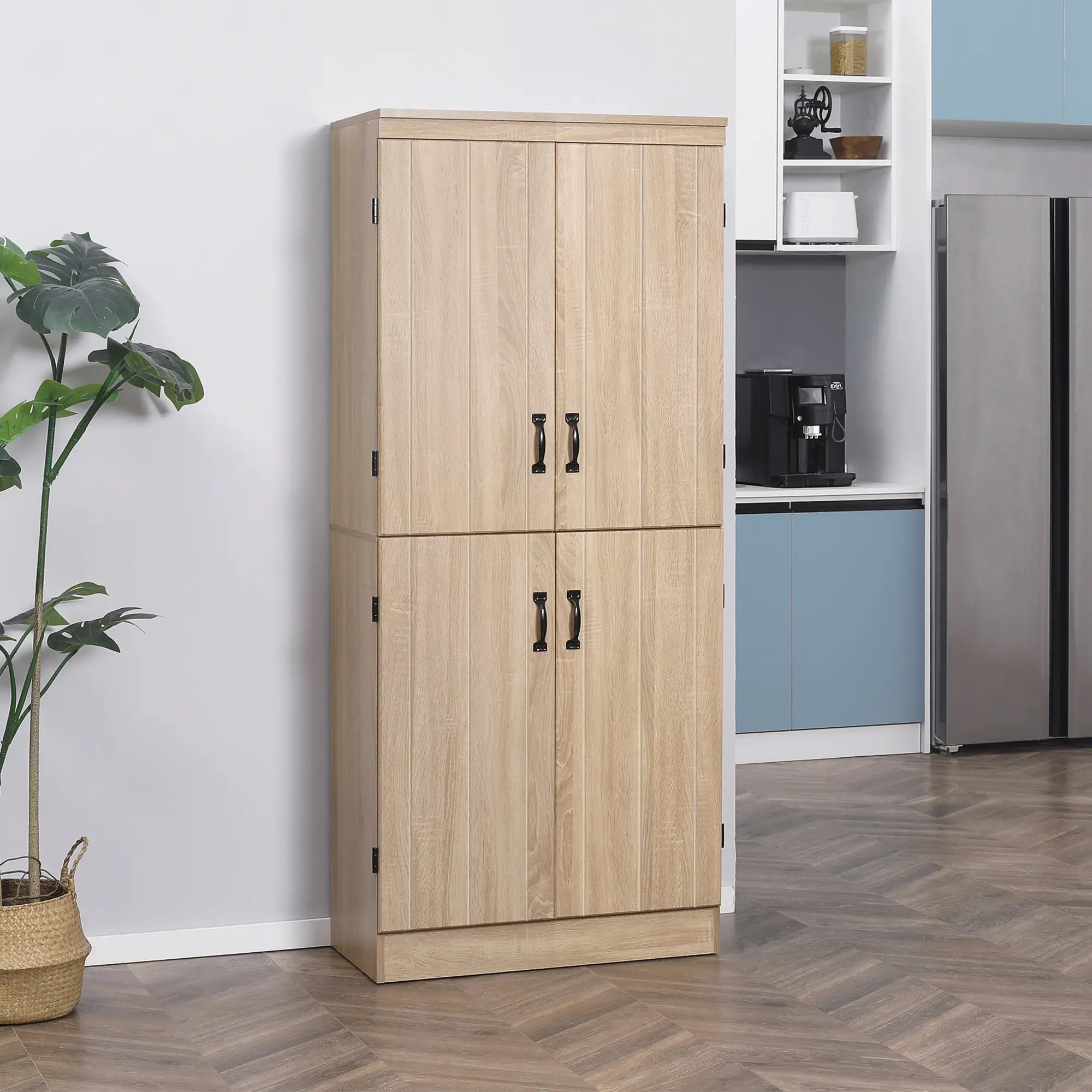 4-Door Storage Cabinet, Freestanding Pantry, Adjustable Shelves, 70", Natural - Image 8