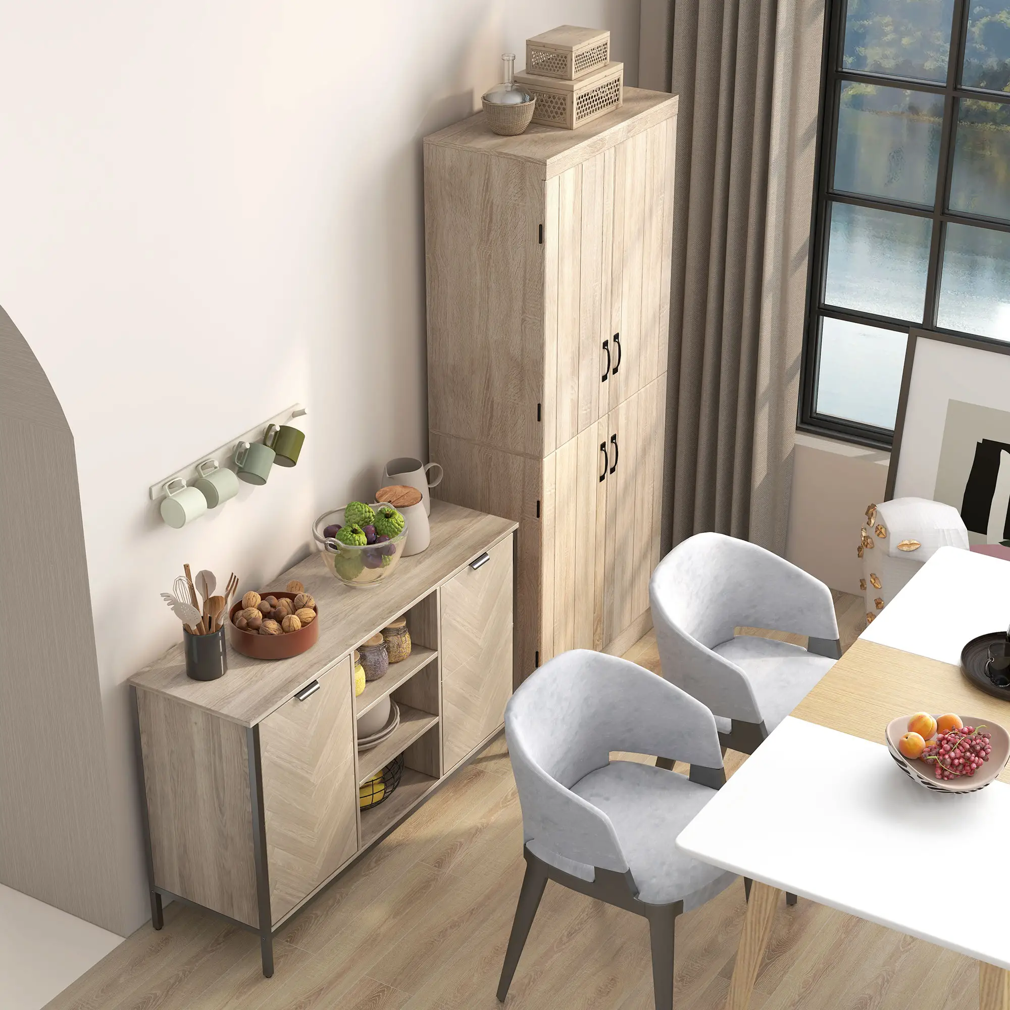 4-Door Storage Cabinet, Freestanding Pantry, Adjustable Shelves, 70", Natural - Image 9