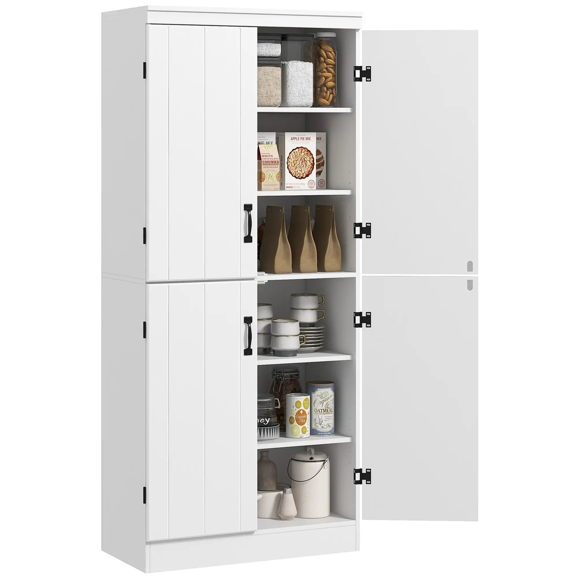 4-Door Storage Cabinet, Freestanding Pantry with Adjustable Shelves, 70", White