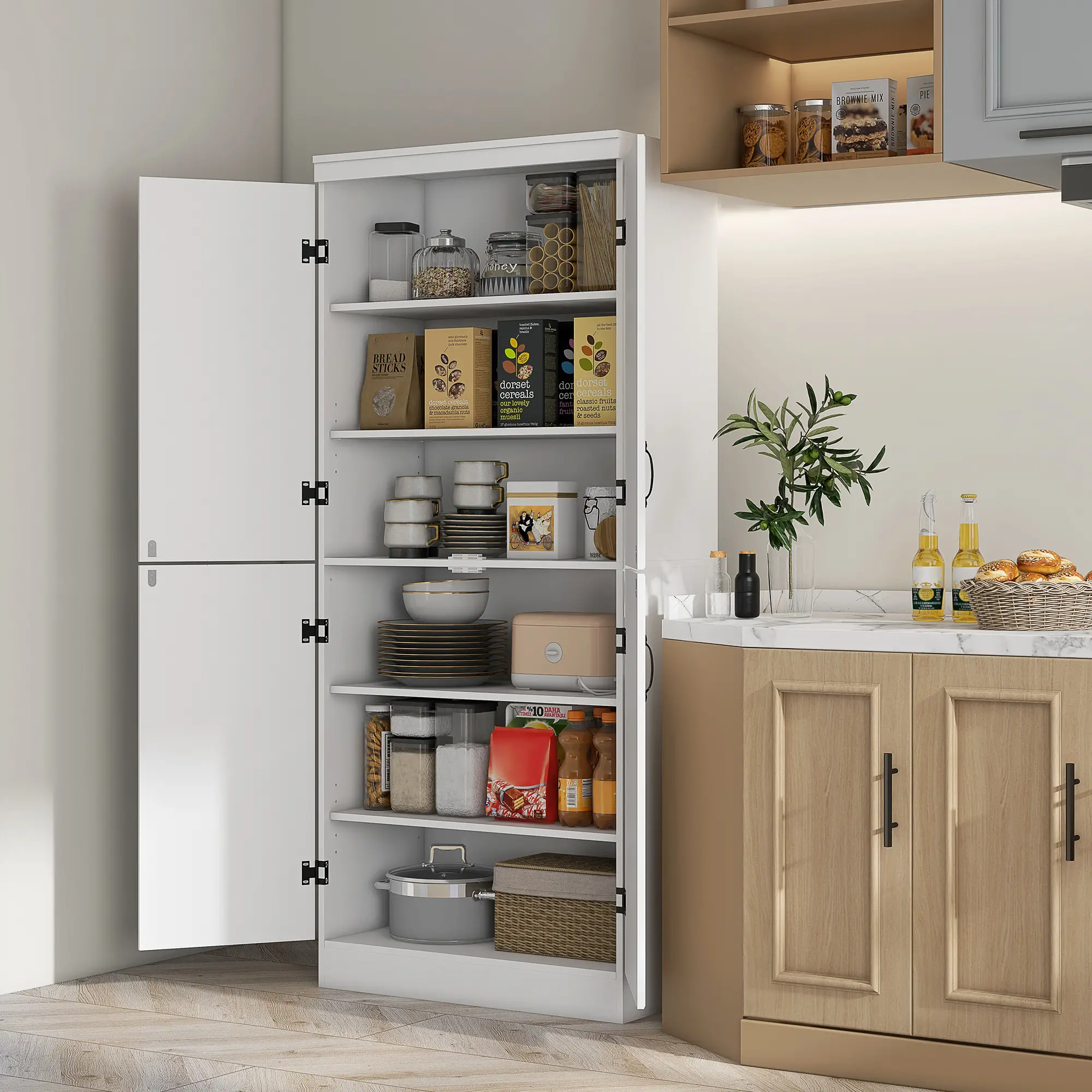 4-Door Storage Cabinet, Freestanding Pantry with Adjustable Shelves, 70", White - Image 2