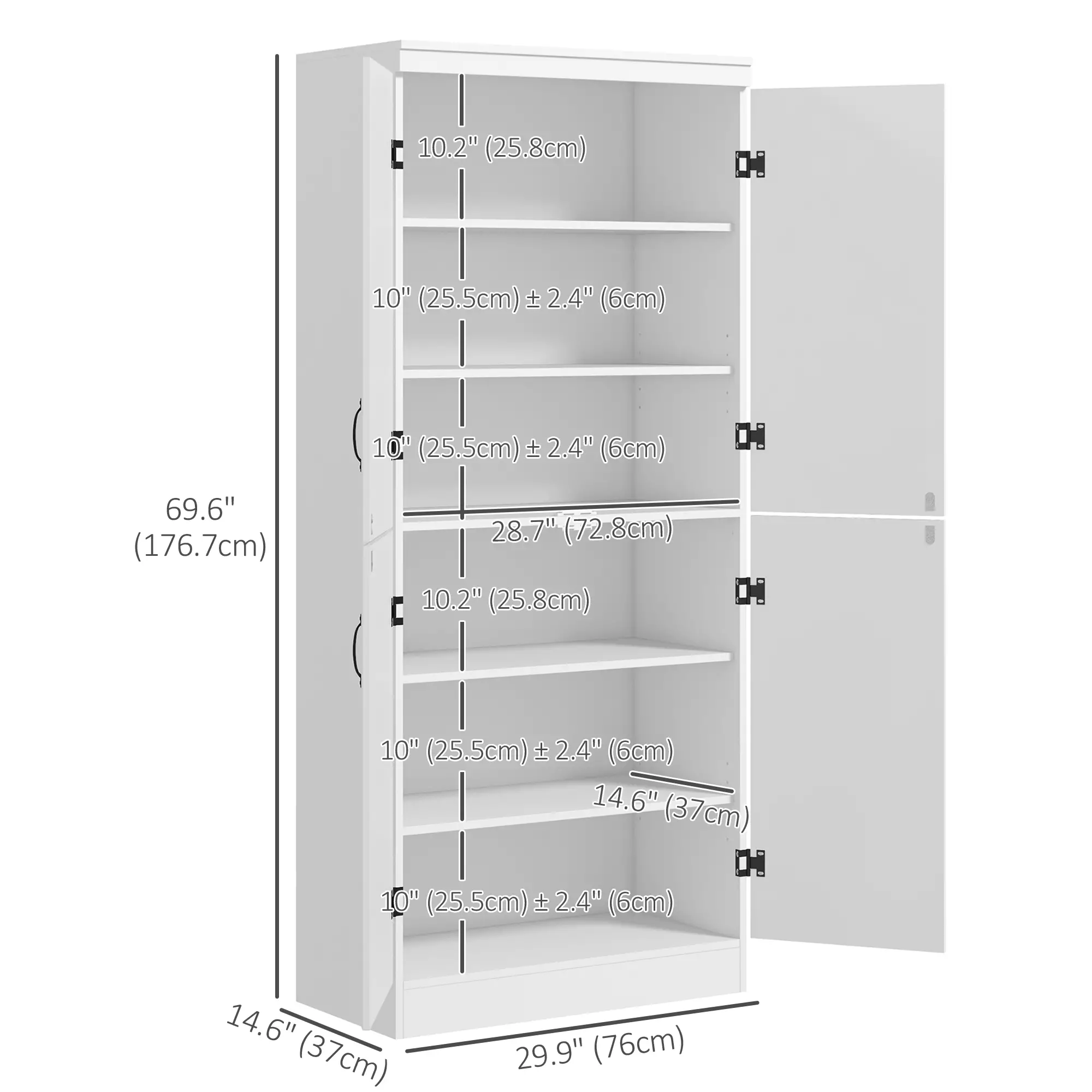 4-Door Storage Cabinet, Freestanding Pantry with Adjustable Shelves, 70", White - Image 3