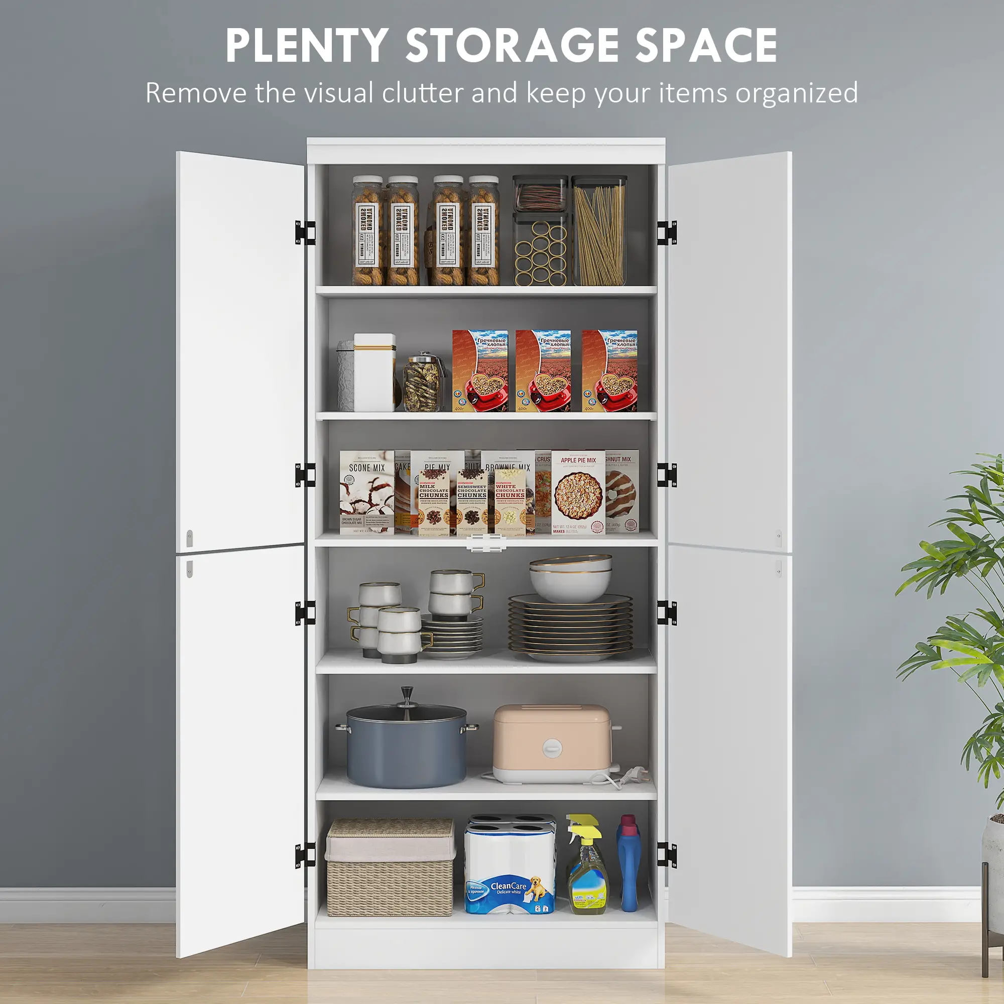 4-Door Storage Cabinet, Freestanding Pantry with Adjustable Shelves, 70", White - Image 4