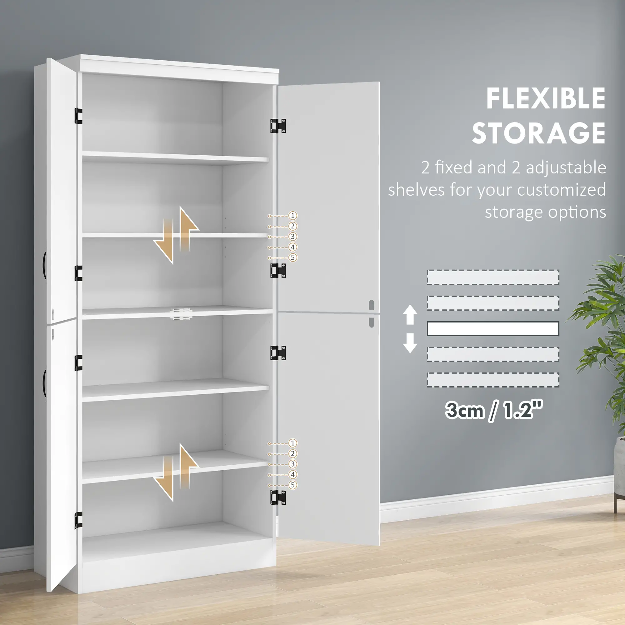 4-Door Storage Cabinet, Freestanding Pantry with Adjustable Shelves, 70", White - Image 5