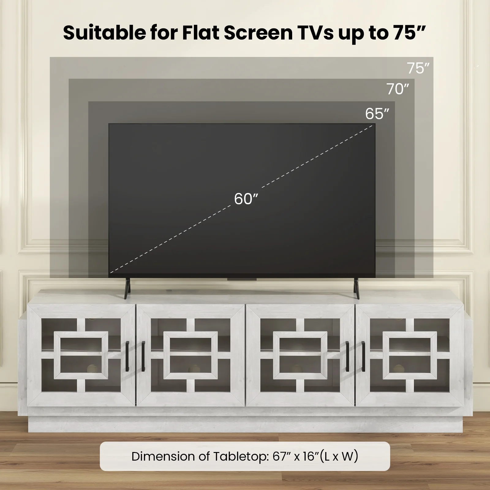 4-Door TV Stand For 75 Inch TVs, Adjustable Shelves, Oak - Image 10