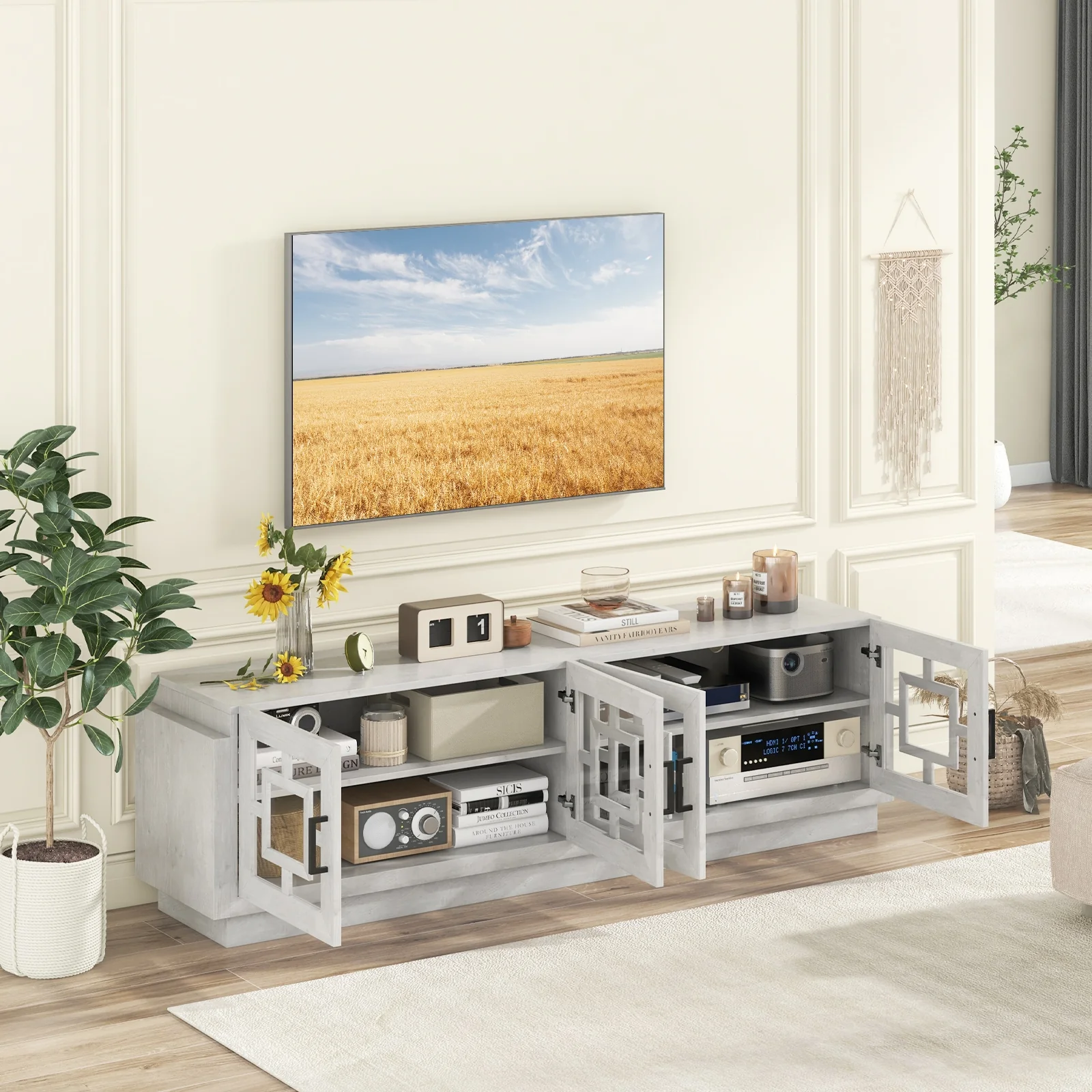 4-Door TV Stand For 75 Inch TVs, Adjustable Shelves, Oak - Image 2