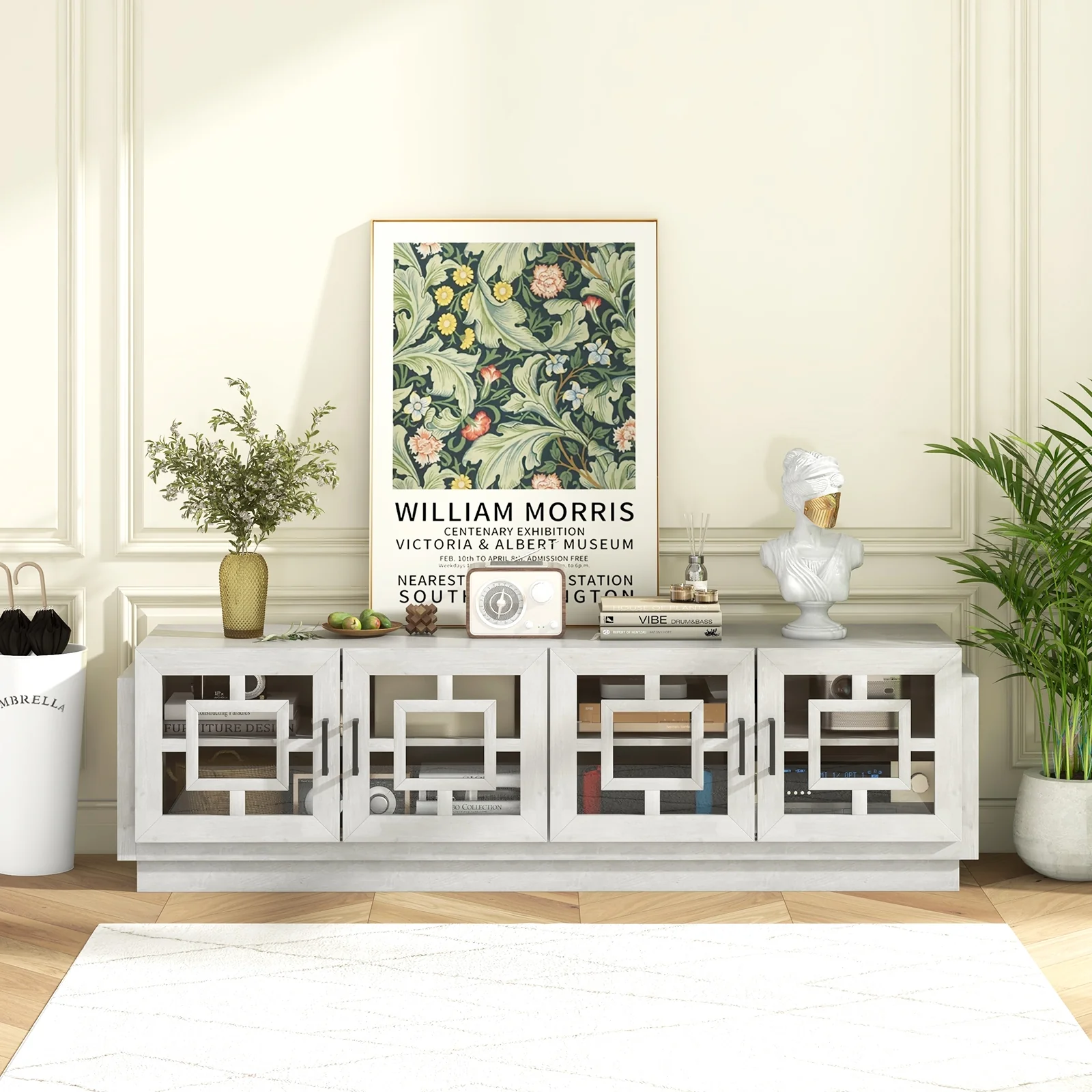 4-Door TV Stand For 75 Inch TVs, Adjustable Shelves, Oak - Image 3