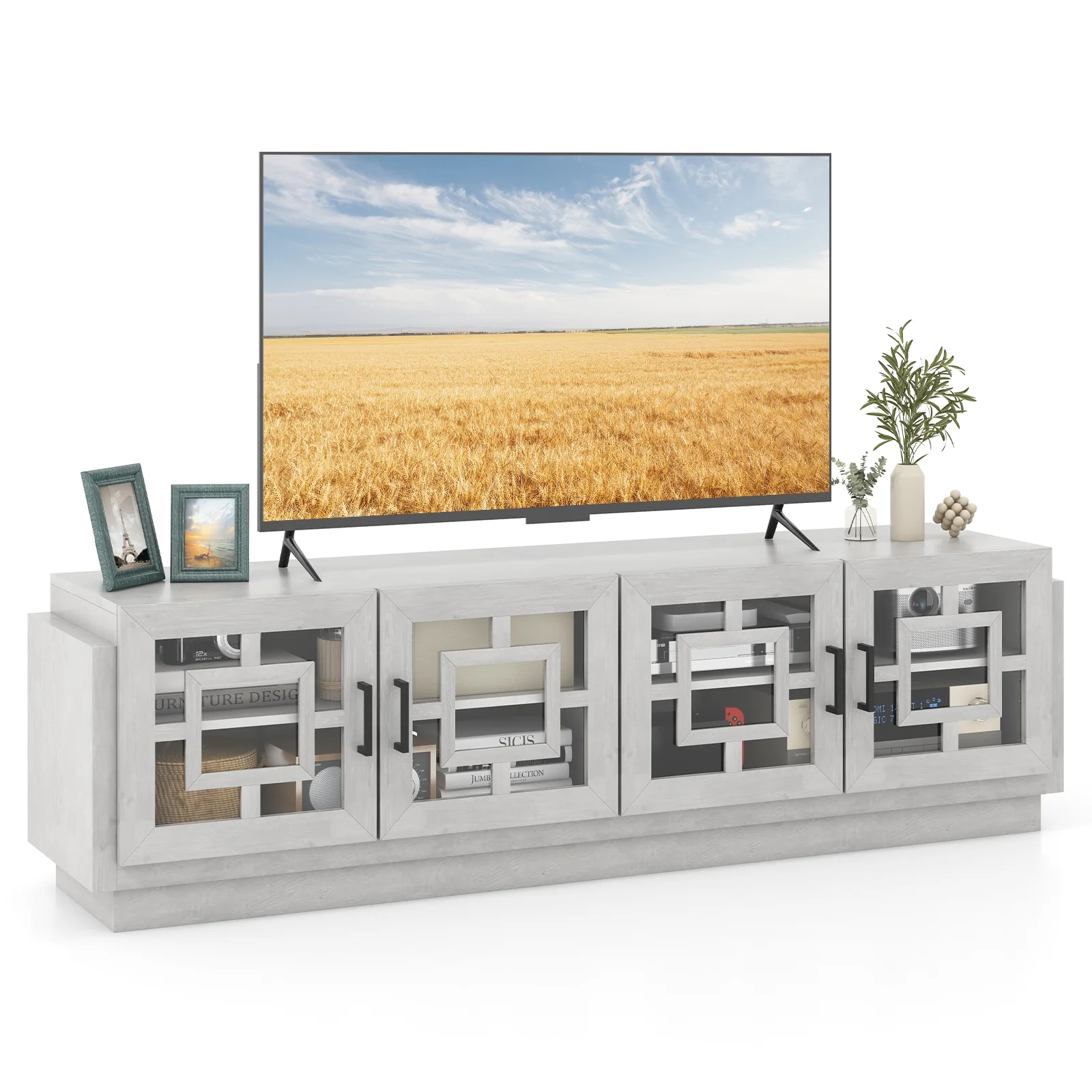 4-Door TV Stand For 75 Inch TVs, Adjustable Shelves, Oak - Image 5