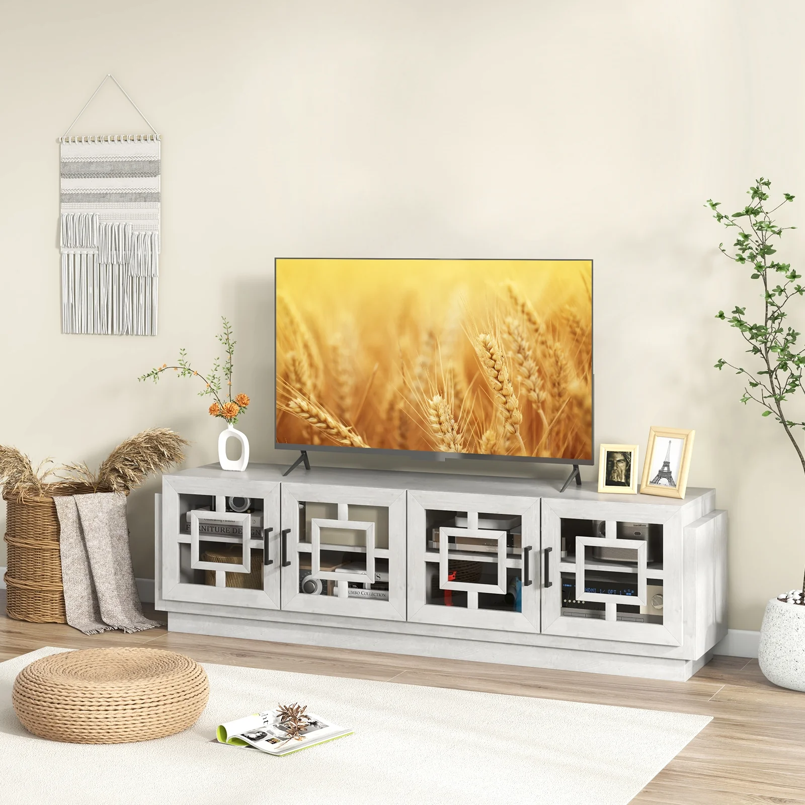 4-Door TV Stand For 75 Inch TVs, Adjustable Shelves, Oak - Image 7