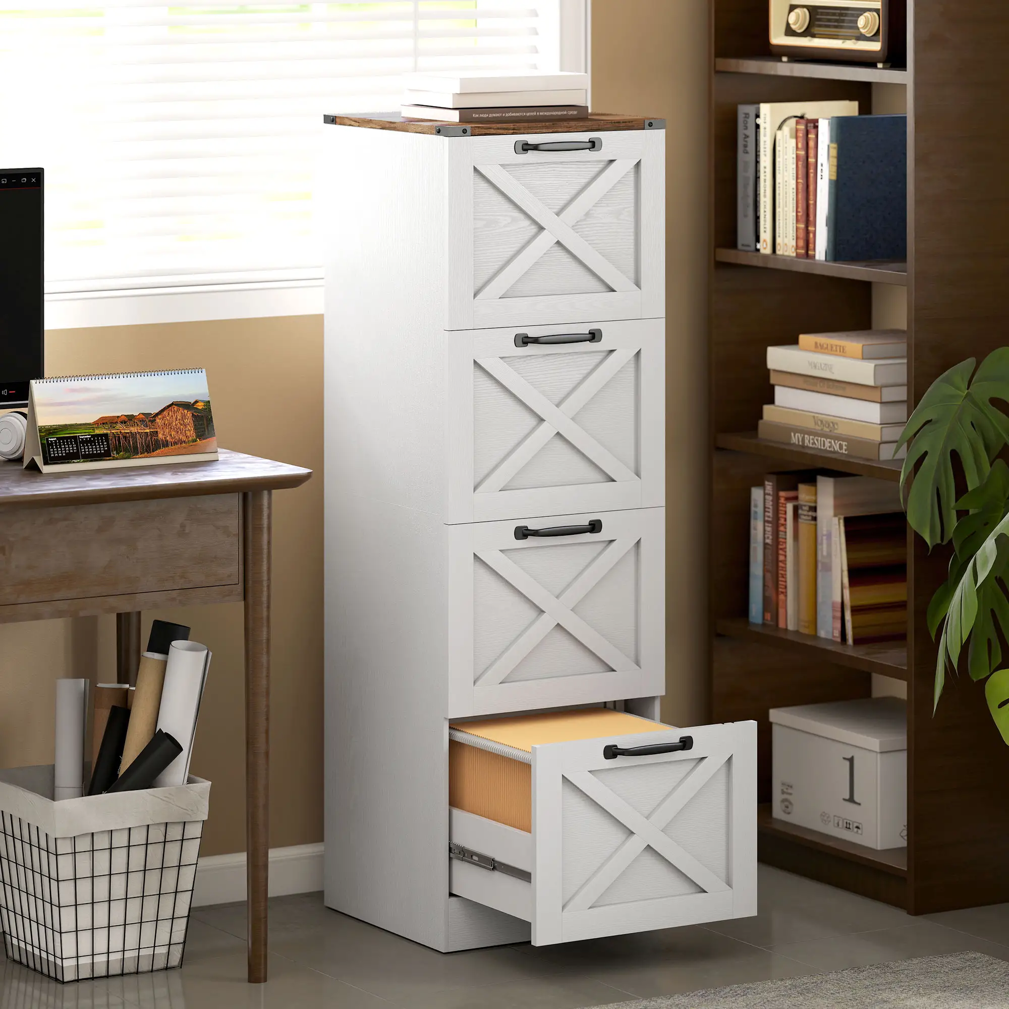 4 Drawer File Cabinet, Vertical Farmhouse Filing Cabinet, White - Image 2