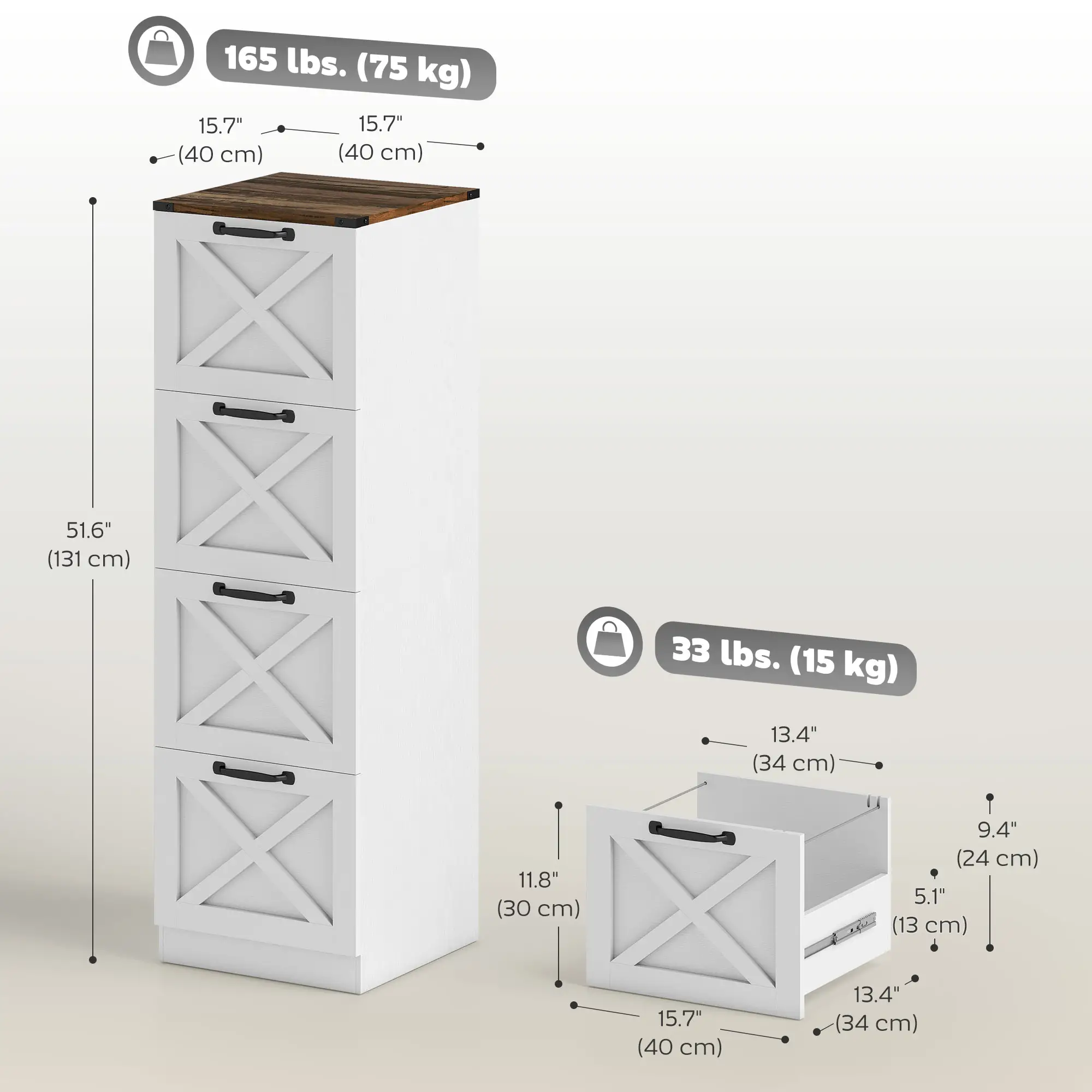 4 Drawer File Cabinet, Vertical Farmhouse Filing Cabinet, White - Image 3