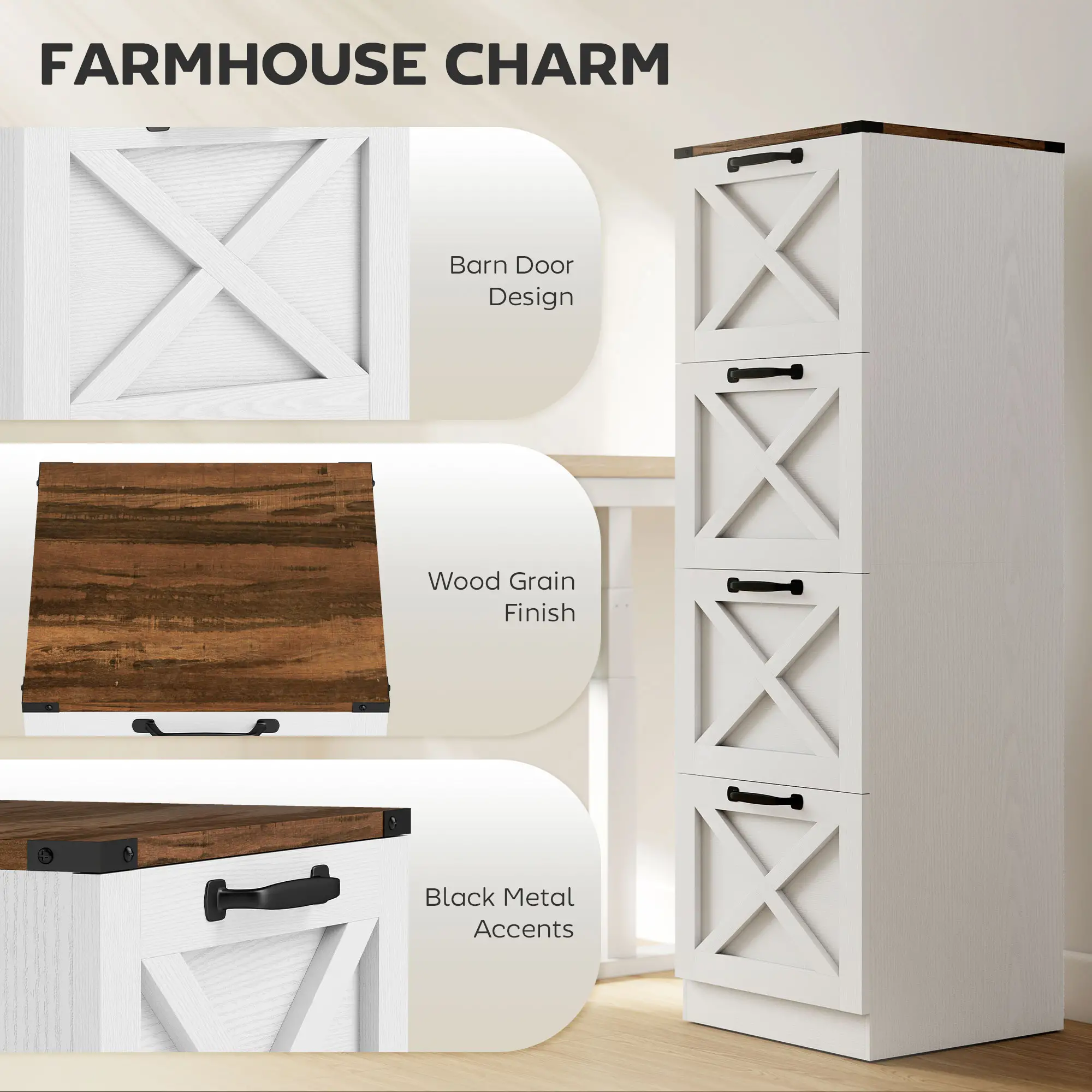 4 Drawer File Cabinet, Vertical Farmhouse Filing Cabinet, White - Image 4