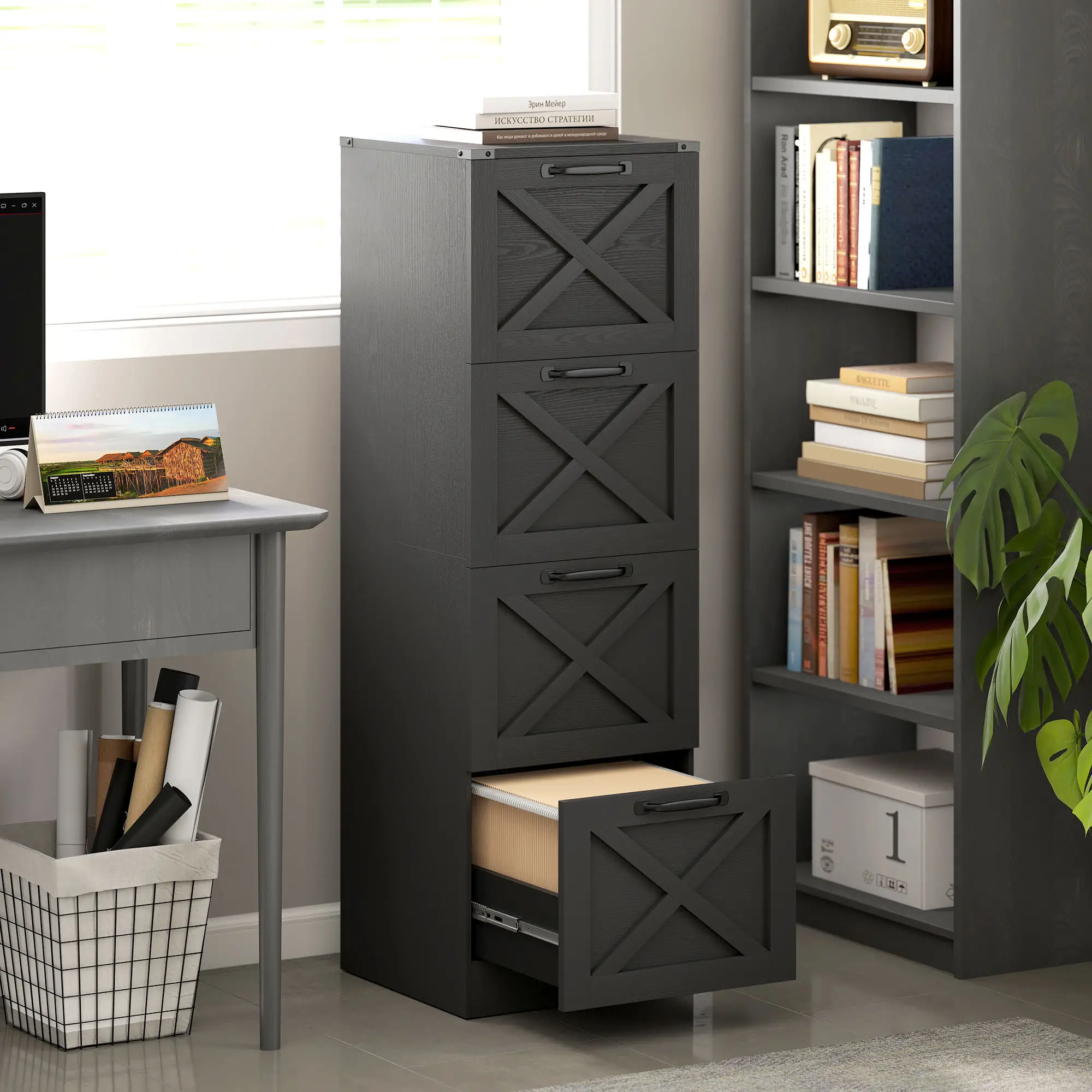 4-Drawer File Cabinet, Vertical Farmhouse, Fits A4, Black - Image 2