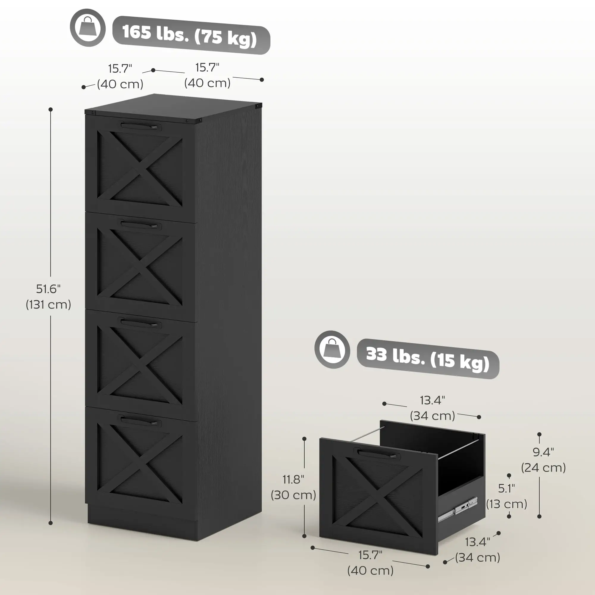 4-Drawer File Cabinet, Vertical Farmhouse, Fits A4, Black - Image 3