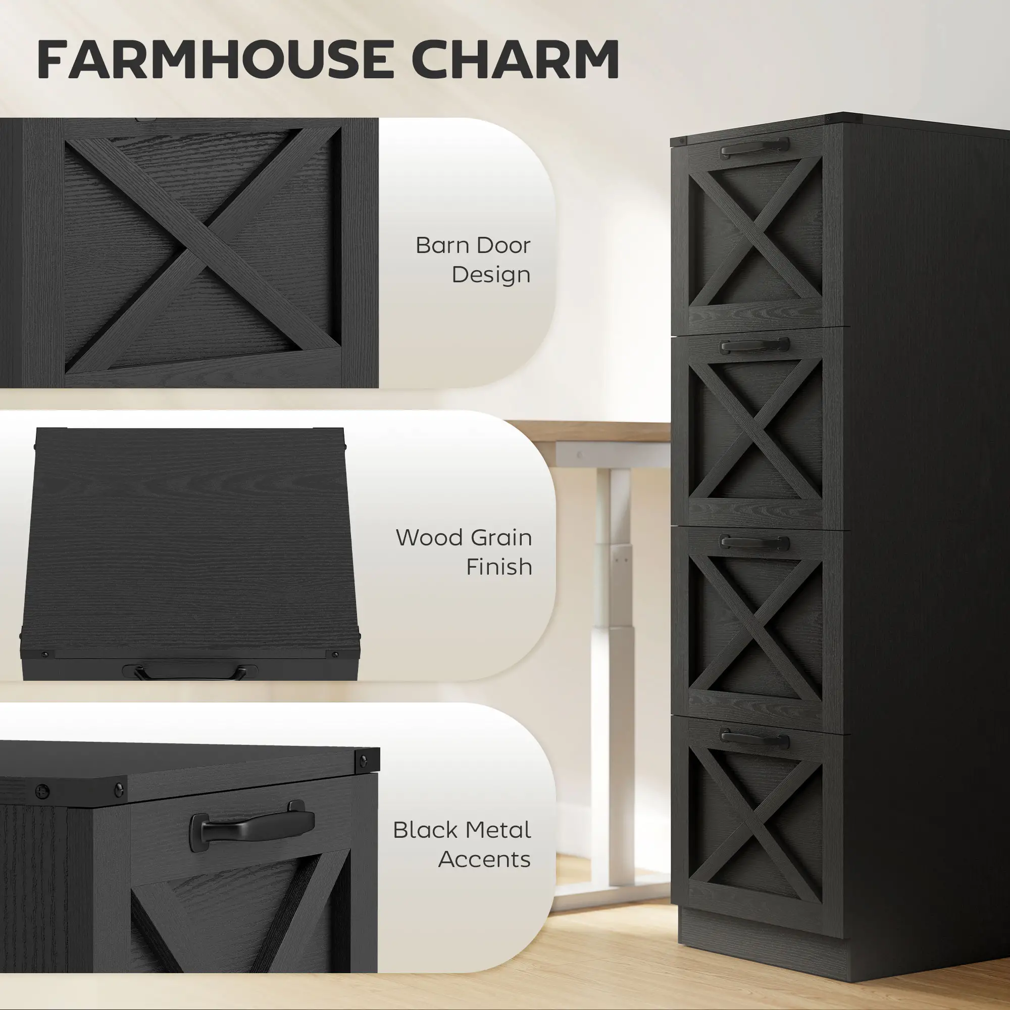 4-Drawer File Cabinet, Vertical Farmhouse, Fits A4, Black - Image 4
