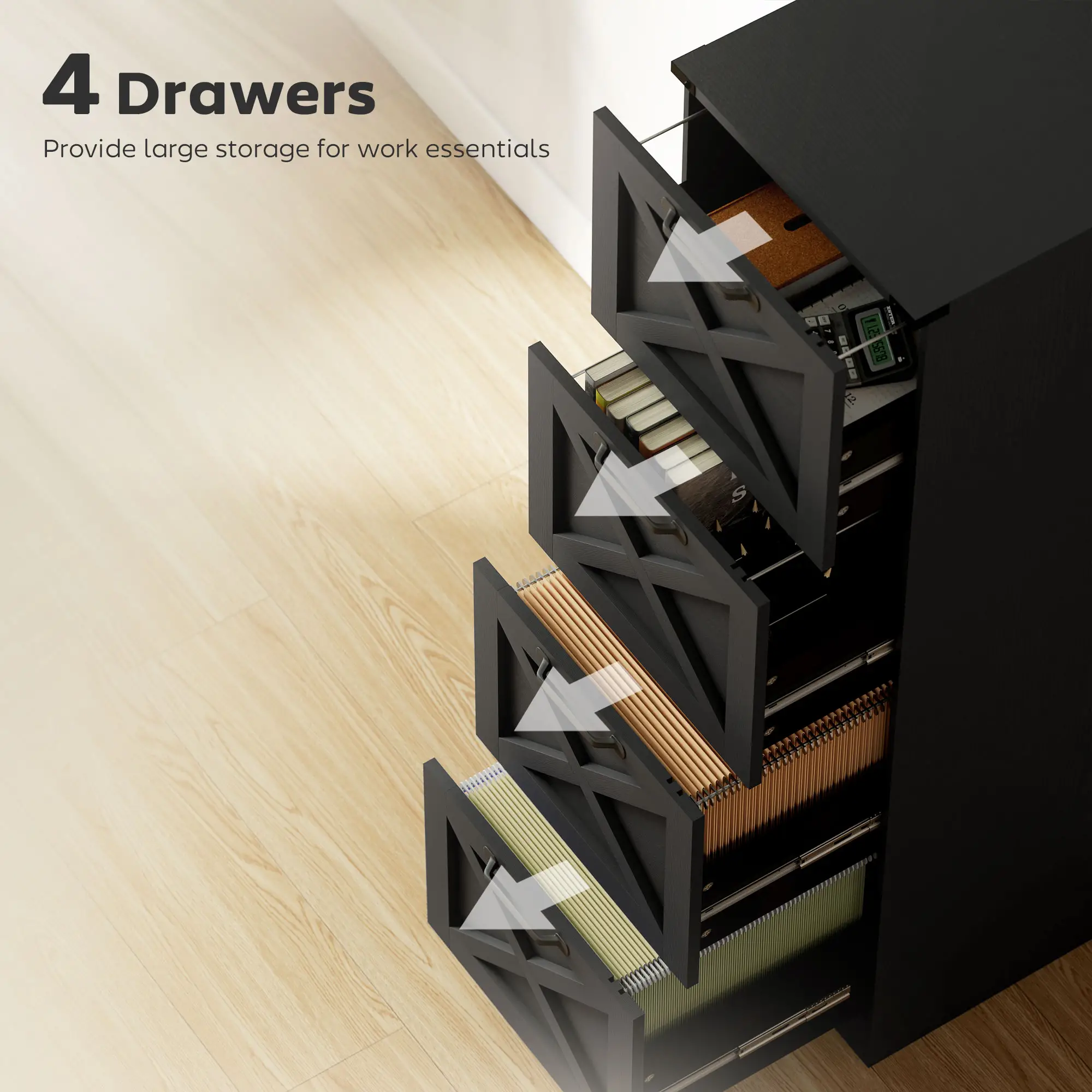 4-Drawer File Cabinet, Vertical Farmhouse, Fits A4, Black - Image 5