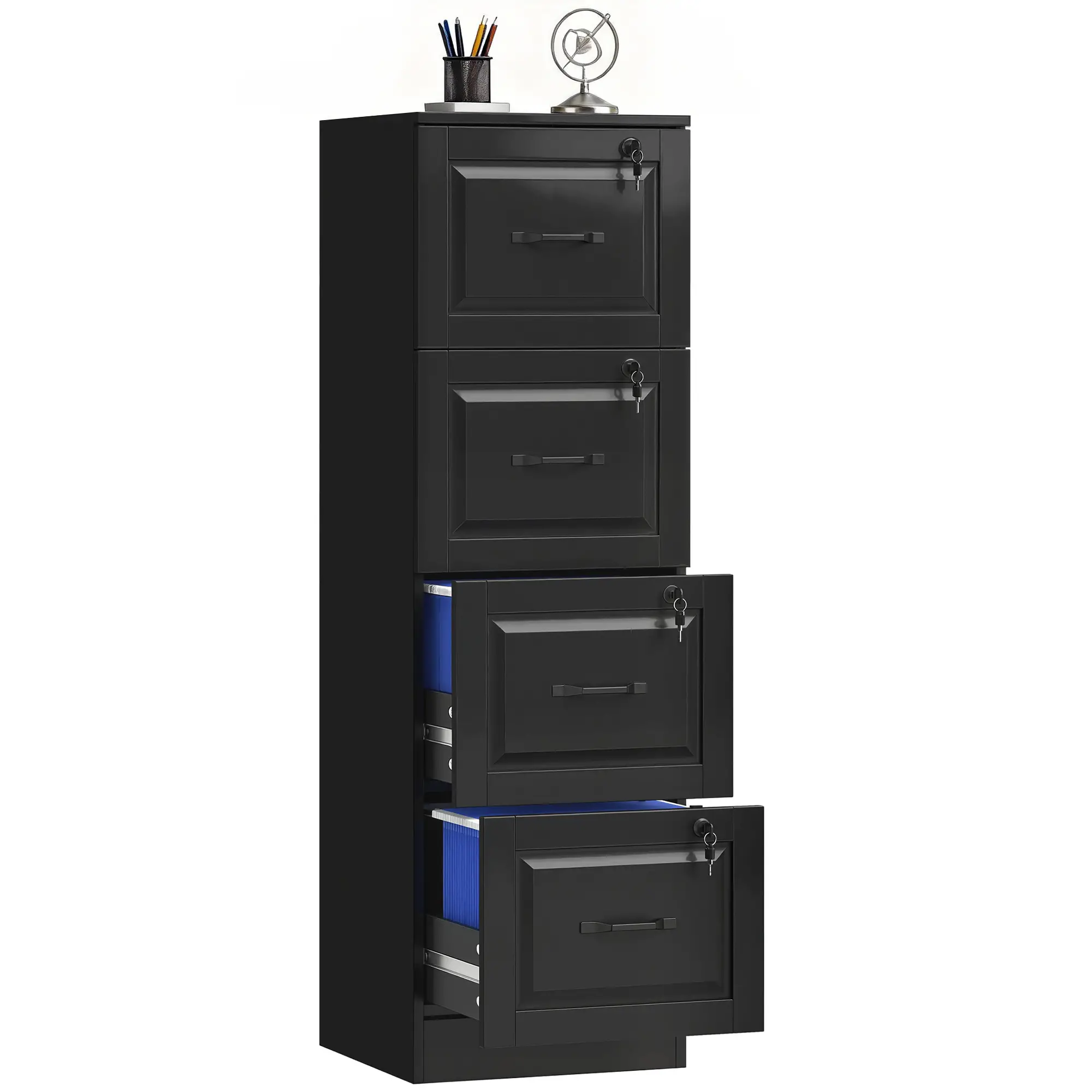 4 Drawer File Cabinet With Lock, Adjustable Hanging Bars, Black - Image 11