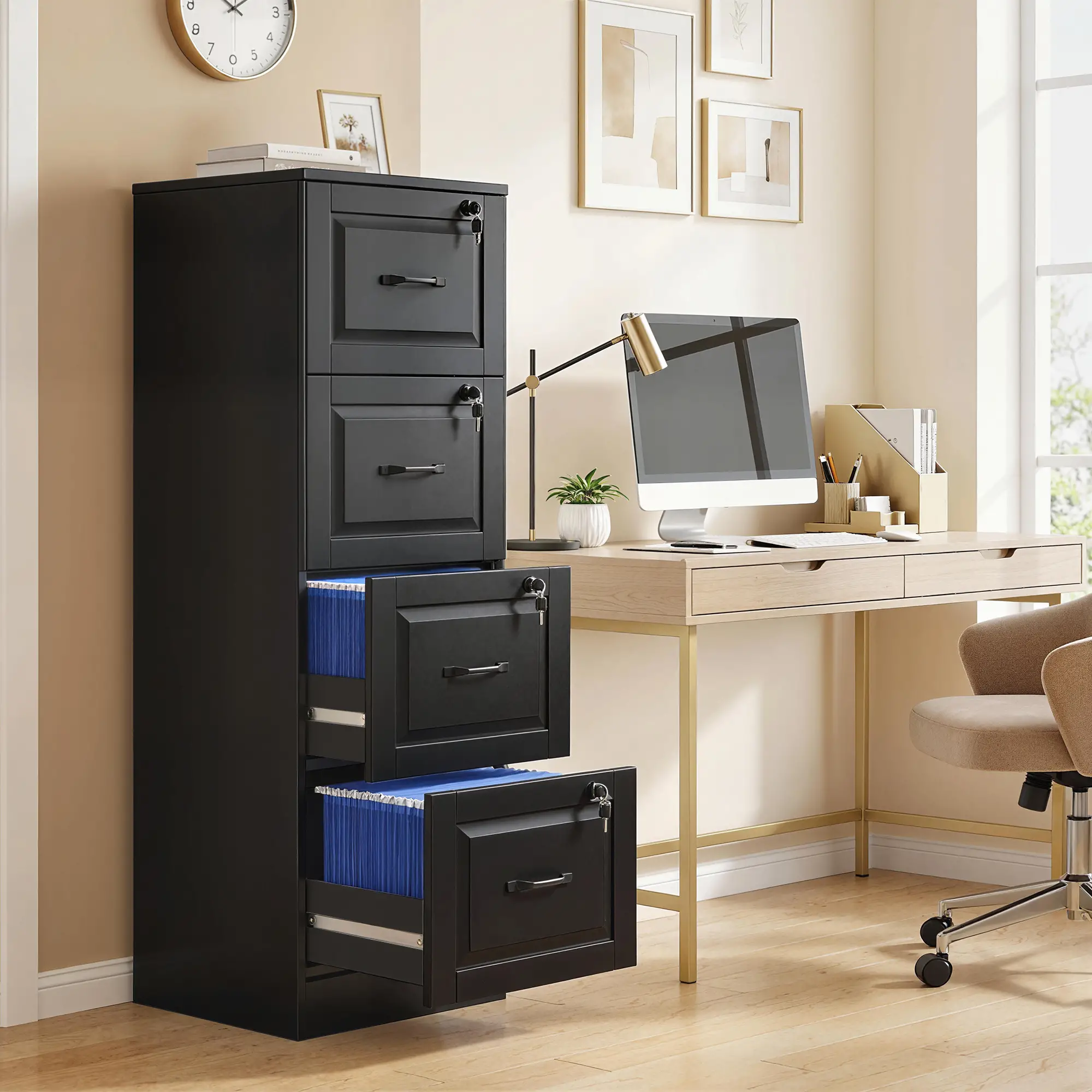 4 Drawer File Cabinet With Lock, Adjustable Hanging Bars, Black - Image 2