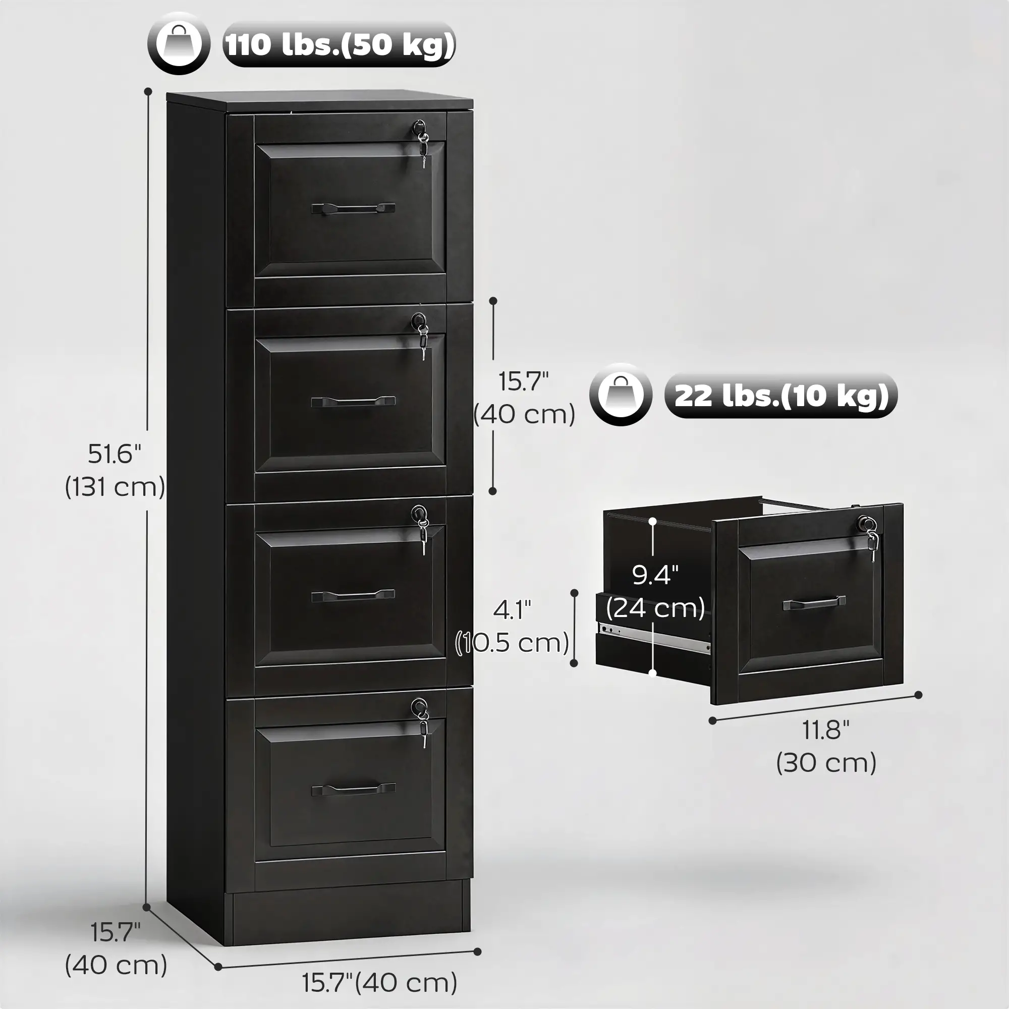 4 Drawer File Cabinet With Lock, Adjustable Hanging Bars, Black - Image 3