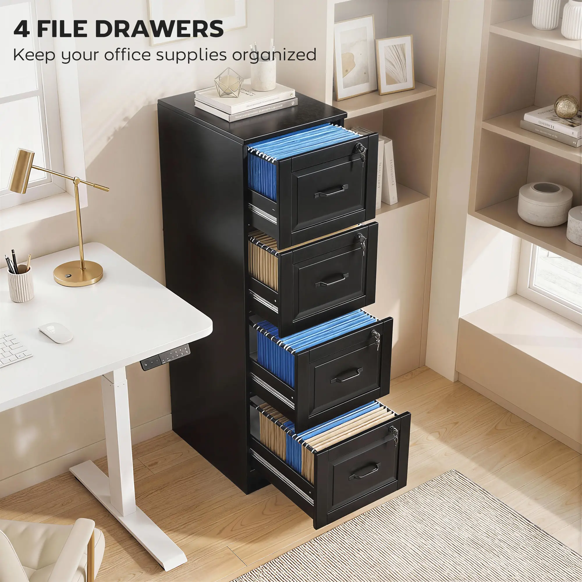 4 Drawer File Cabinet With Lock, Adjustable Hanging Bars, Black - Image 4