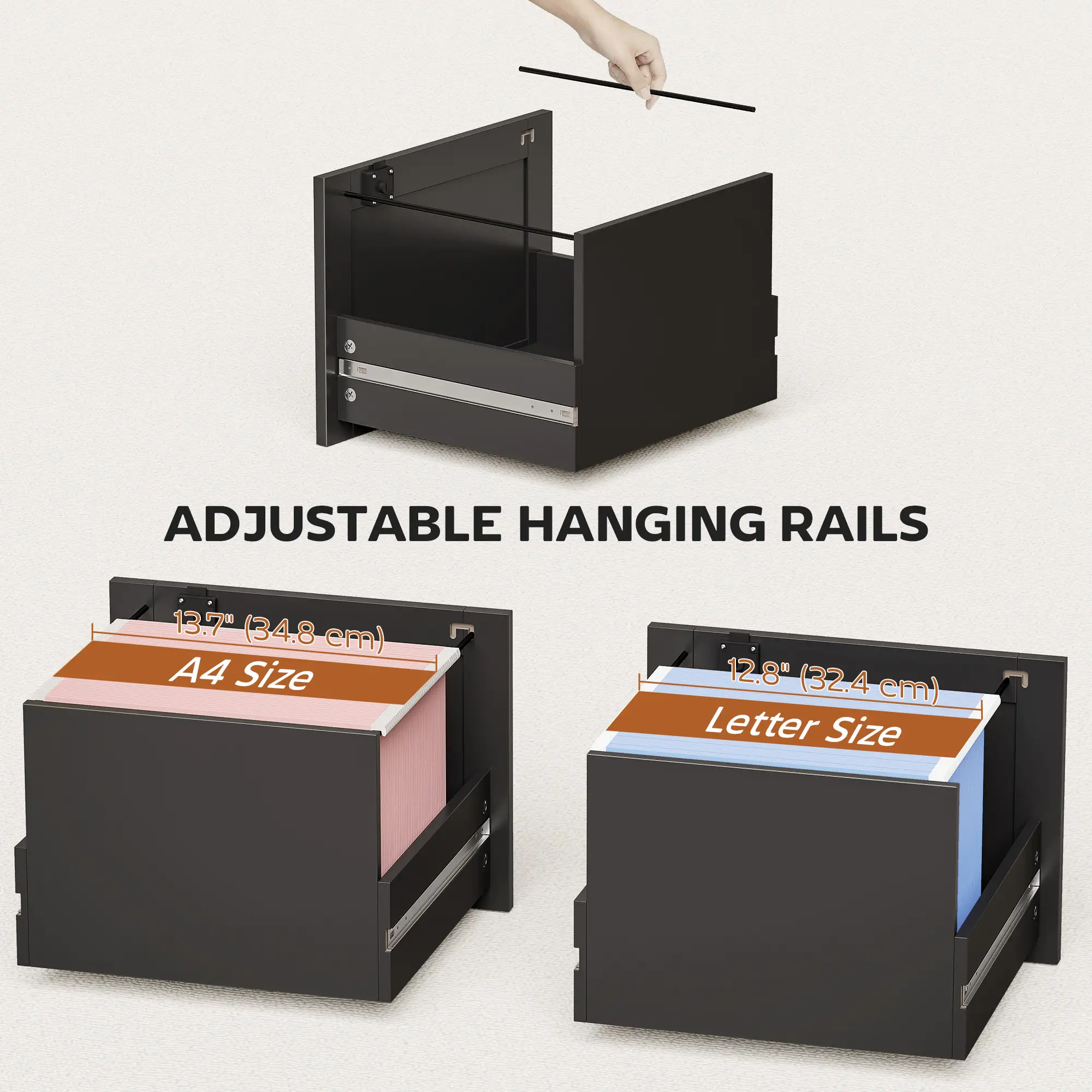 4 Drawer File Cabinet With Lock, Adjustable Hanging Bars, Black - Image 5