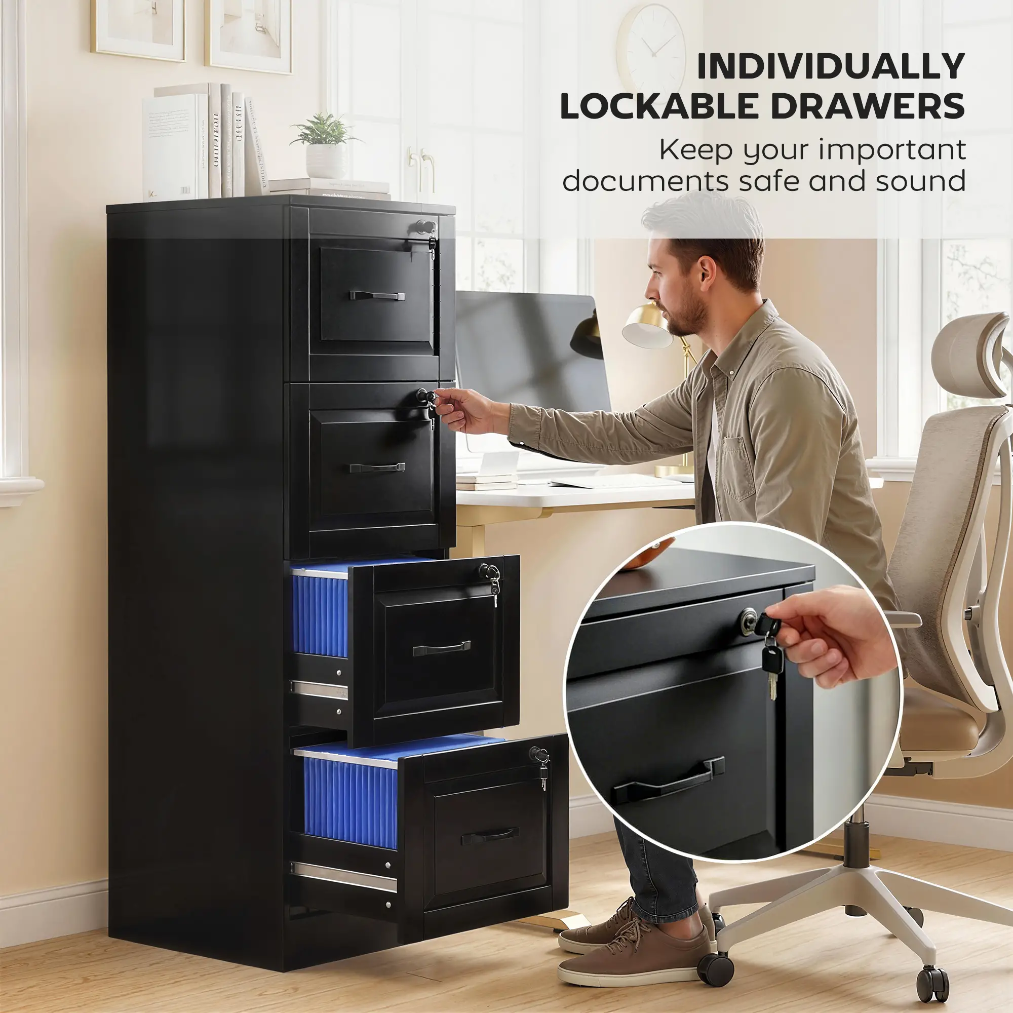 4 Drawer File Cabinet With Lock, Adjustable Hanging Bars, Black - Image 6