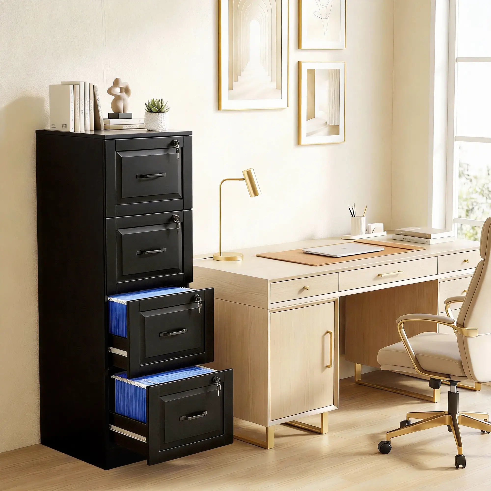 4 Drawer File Cabinet With Lock, Adjustable Hanging Bars, Black - Image 8