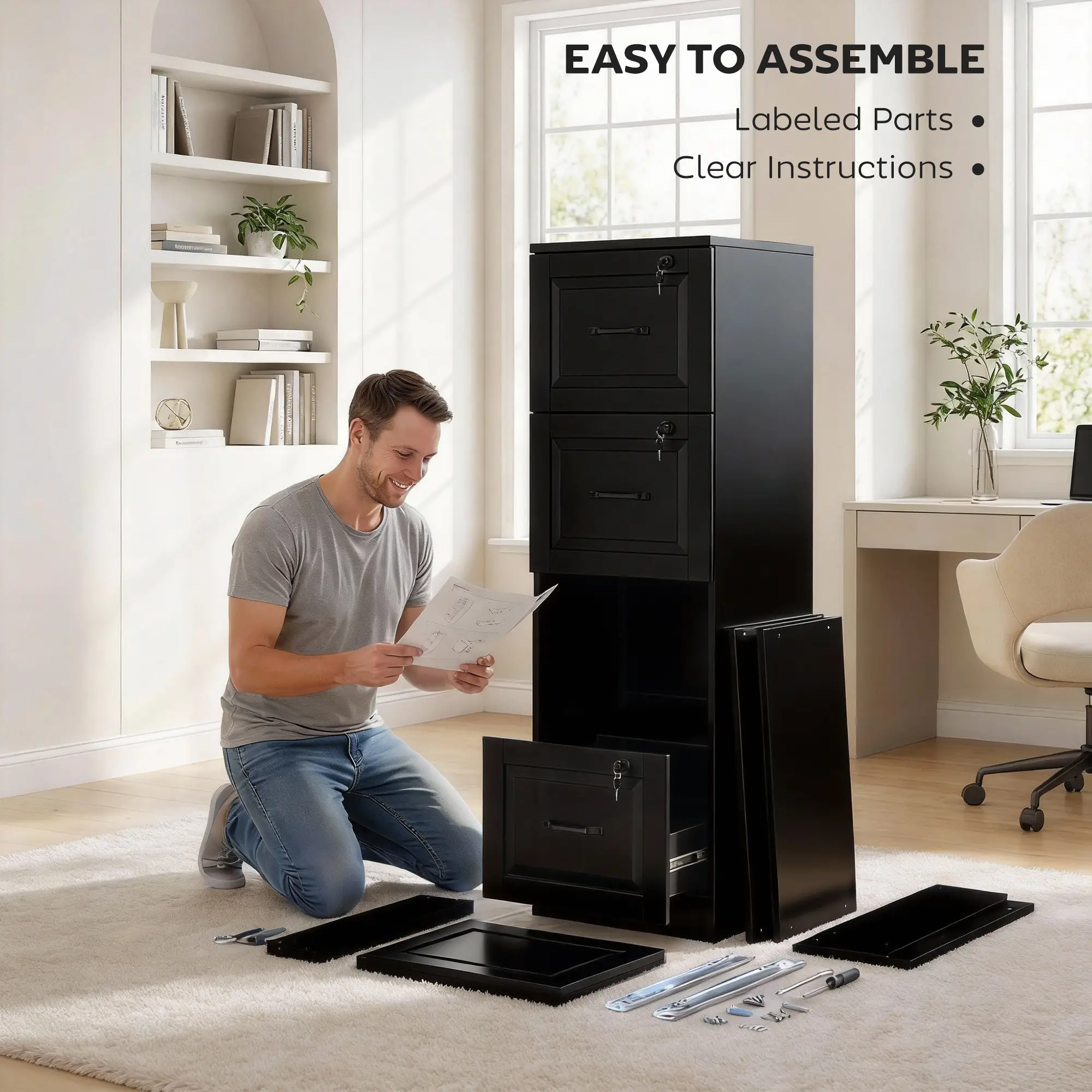 4 Drawer File Cabinet With Lock, Adjustable Hanging Bars, Black - Image 9