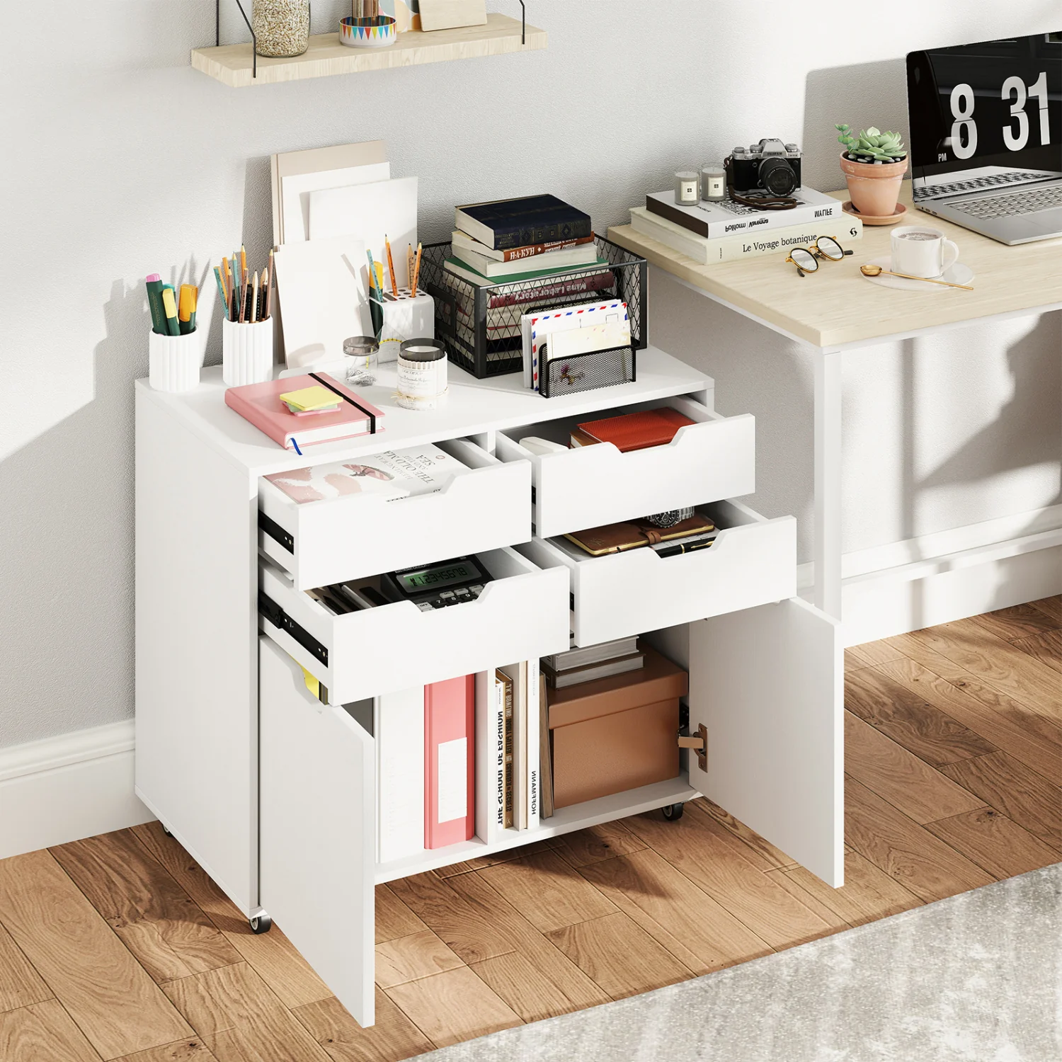 4 Drawer File Cabinet With Wheels, White - Image 3