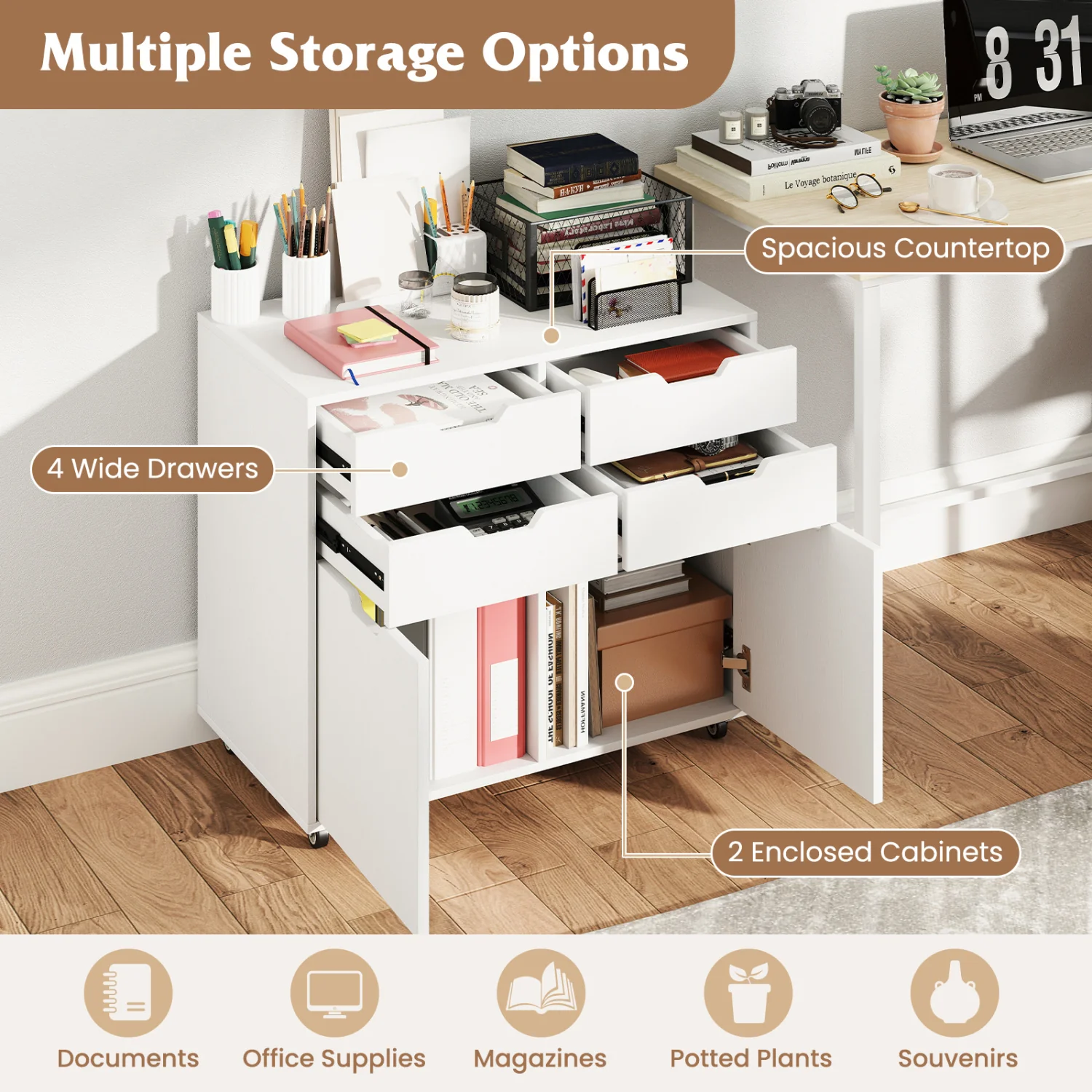 4 Drawer File Cabinet With Wheels, White - Image 8